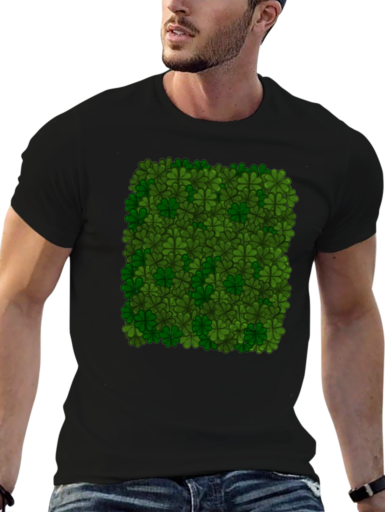 Lucky Clover Pattern Black T-Shirt