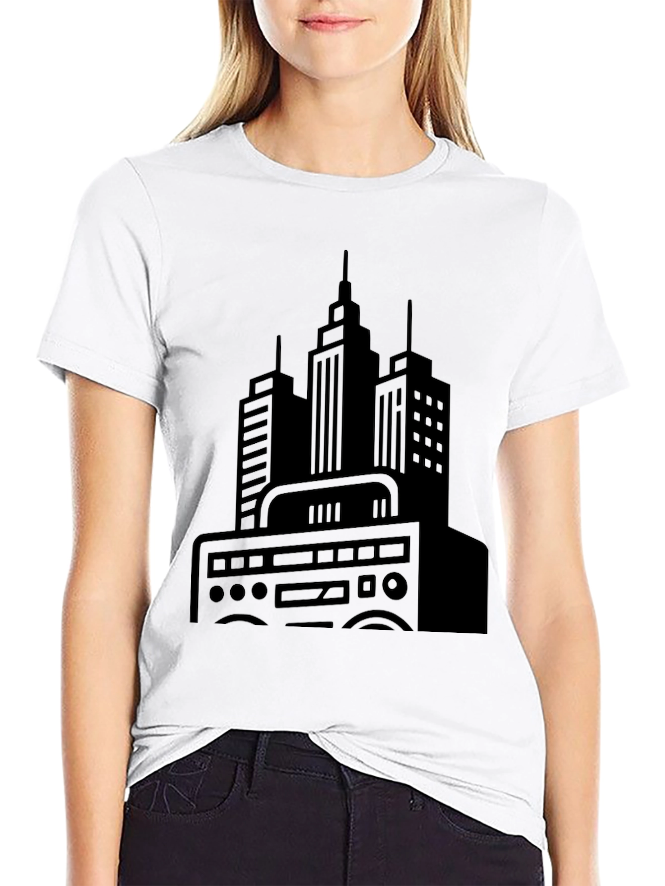 Urban Beat Black Tee - Cityscape Boombox Graphic T-Shirt