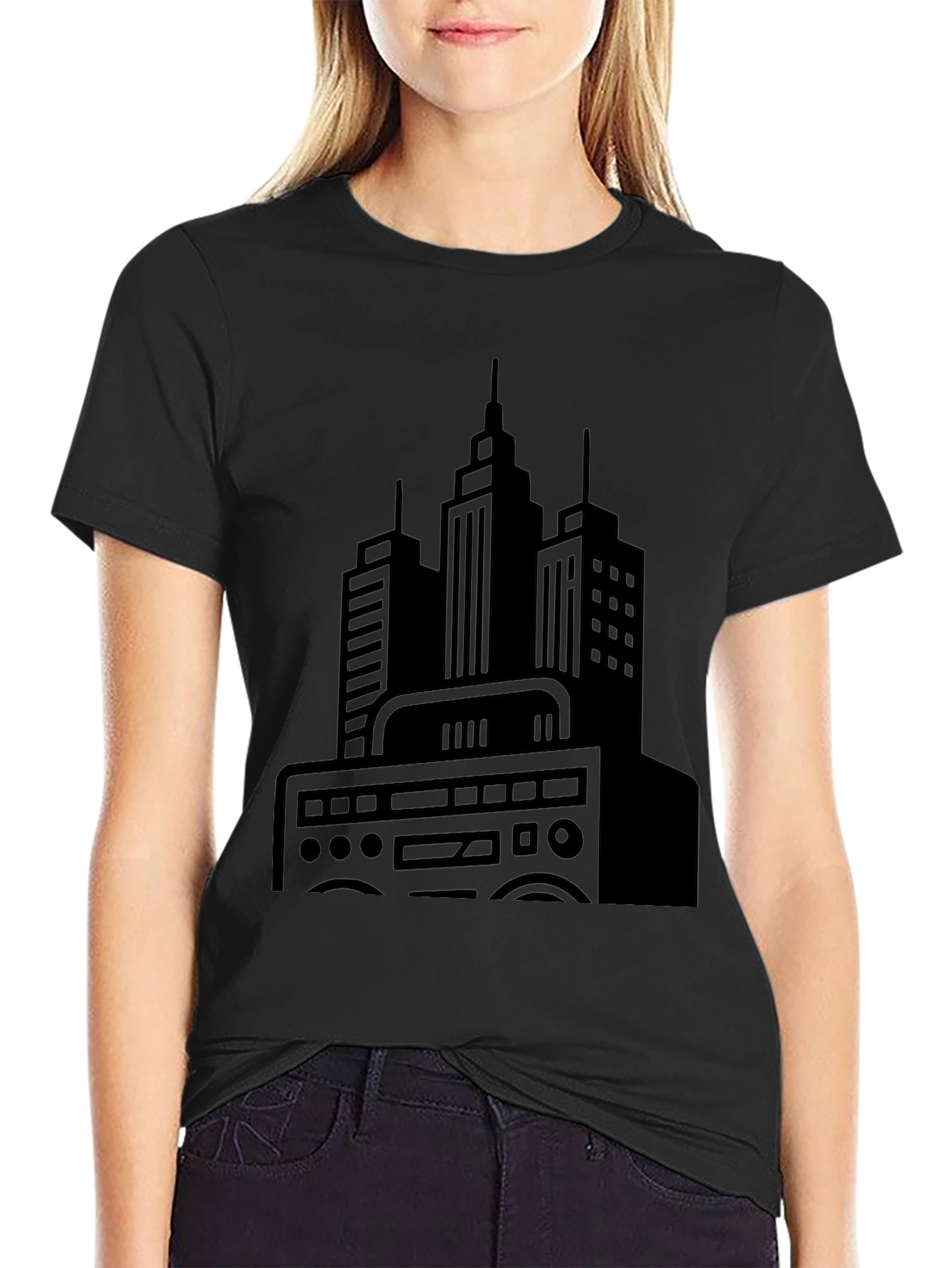 Urban Beat Black Tee - Cityscape Boombox Graphic T-Shirt
