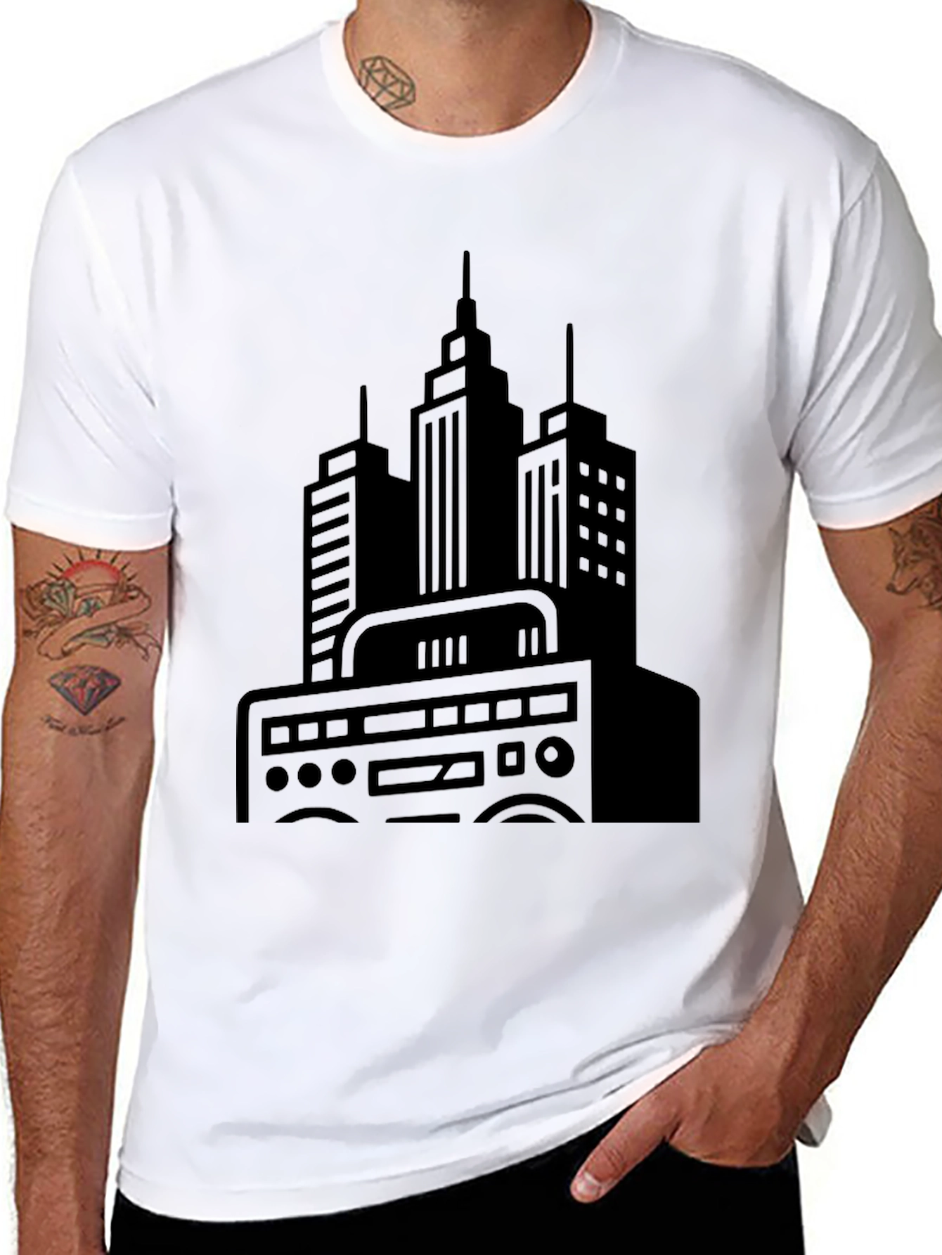 Urban Beat Black Tee - Cityscape Boombox Graphic T-Shirt