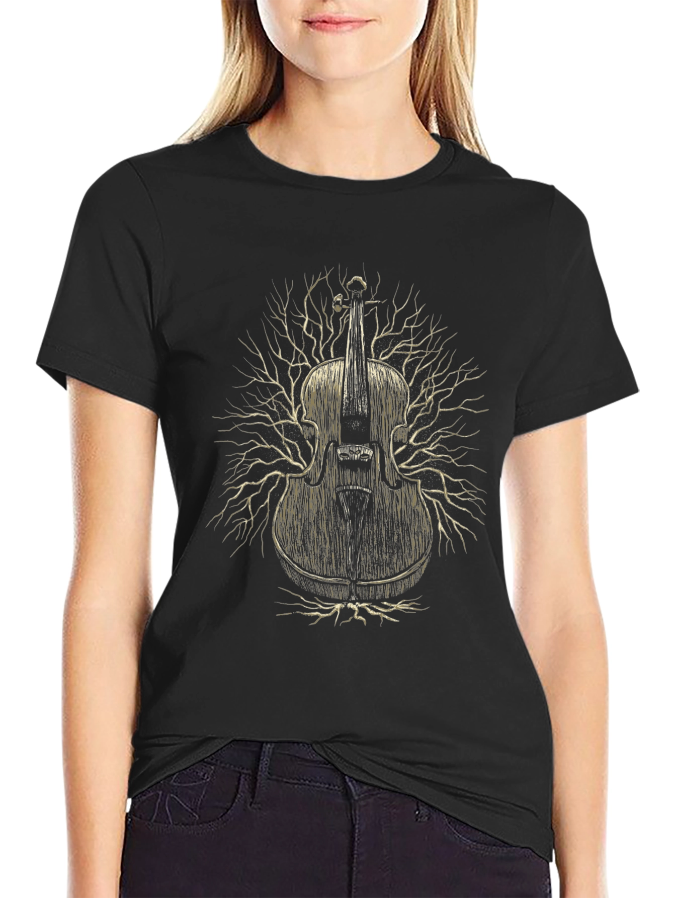 Violin Tree Graphic T-Shirt - Black