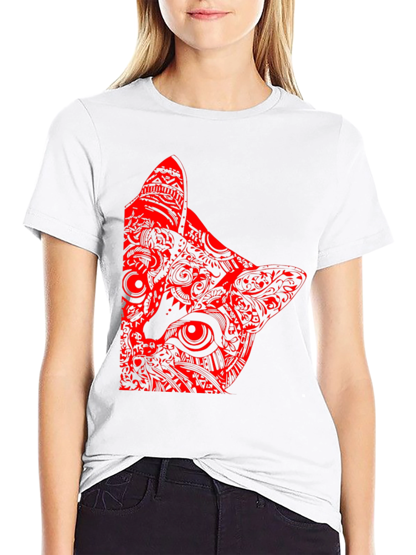 Red Cat Graphic Print Black T-Shirt