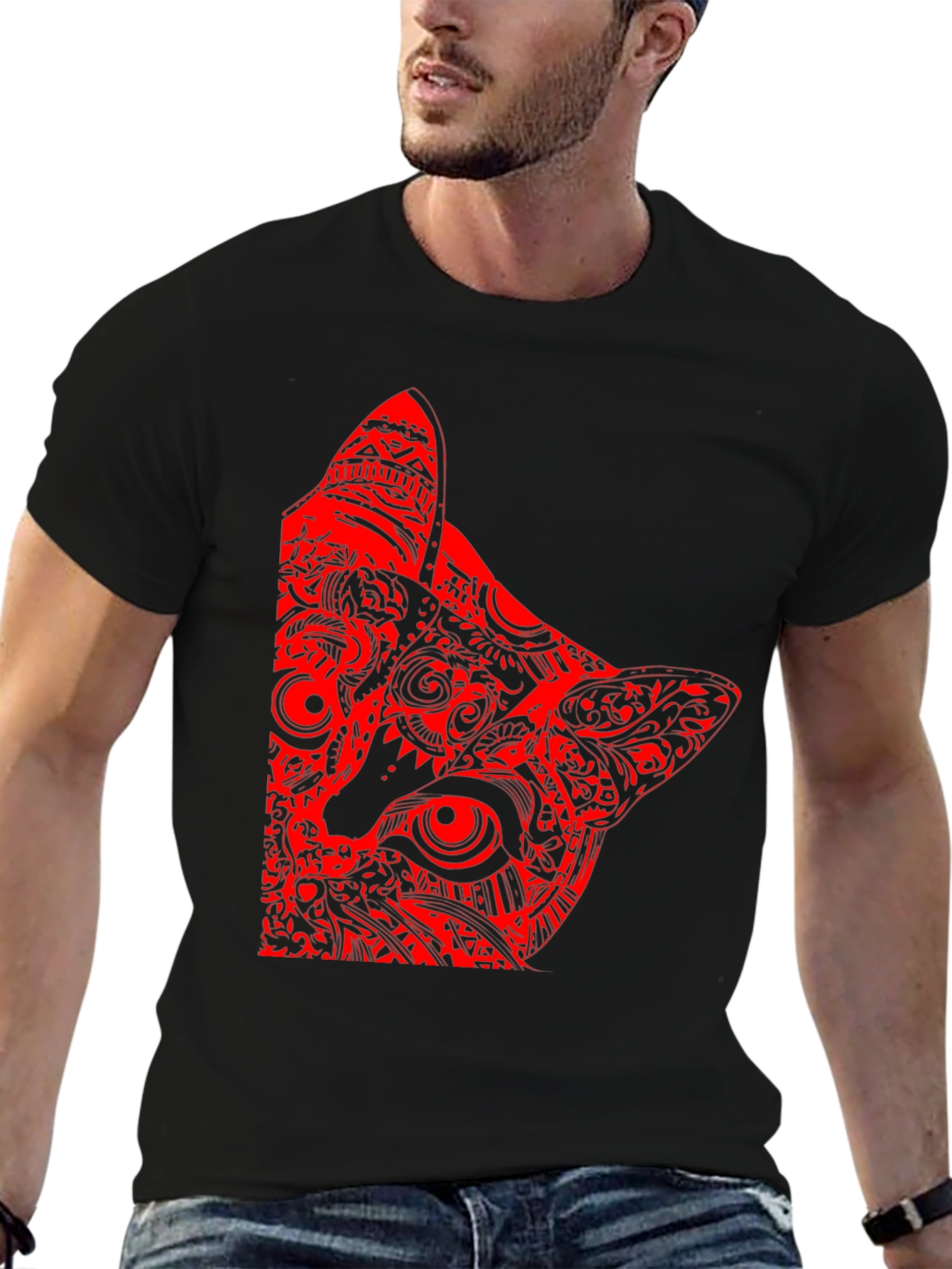 Red Cat Graphic Print Black T-Shirt