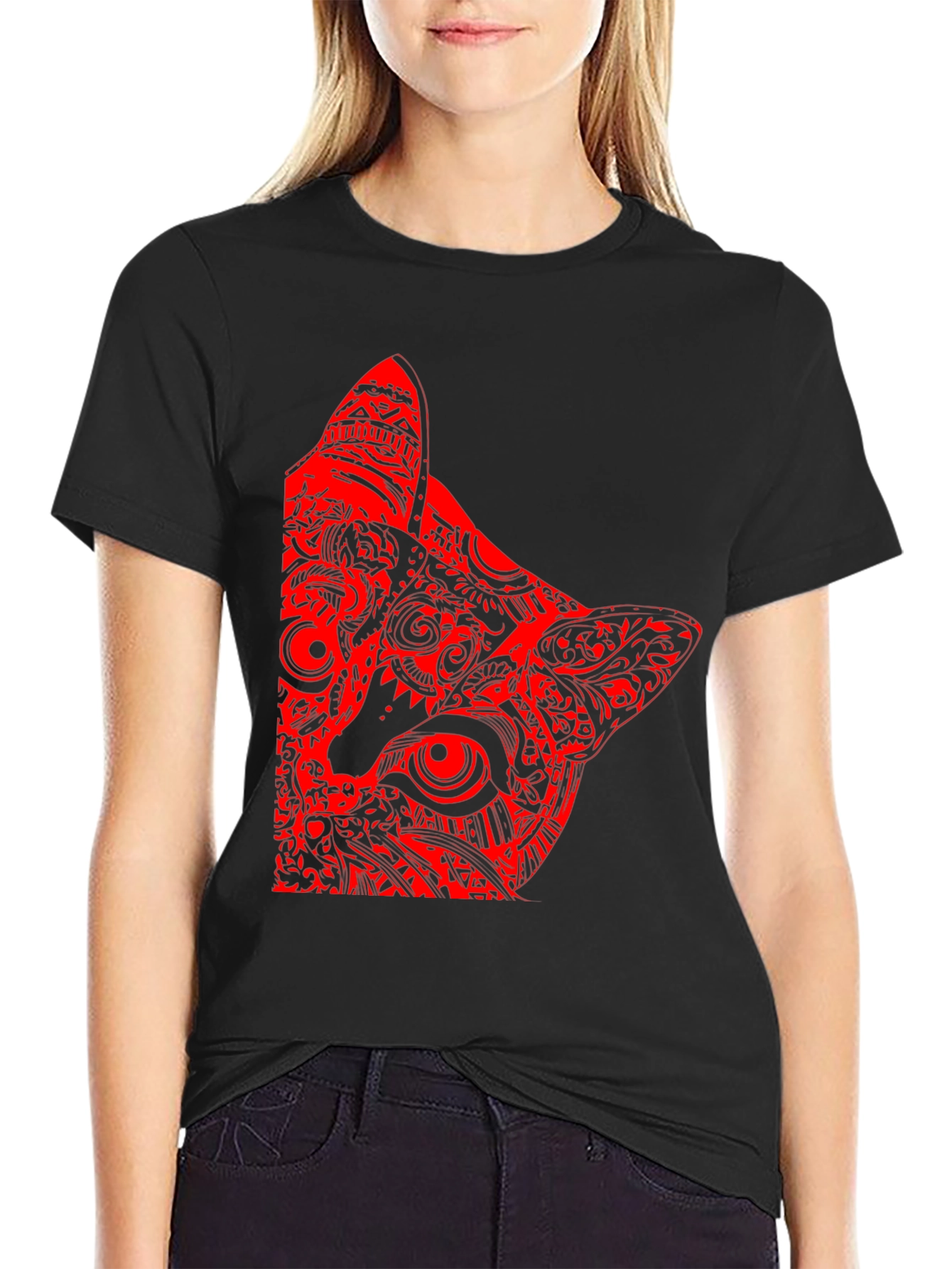 Red Cat Graphic Print Black T-Shirt
