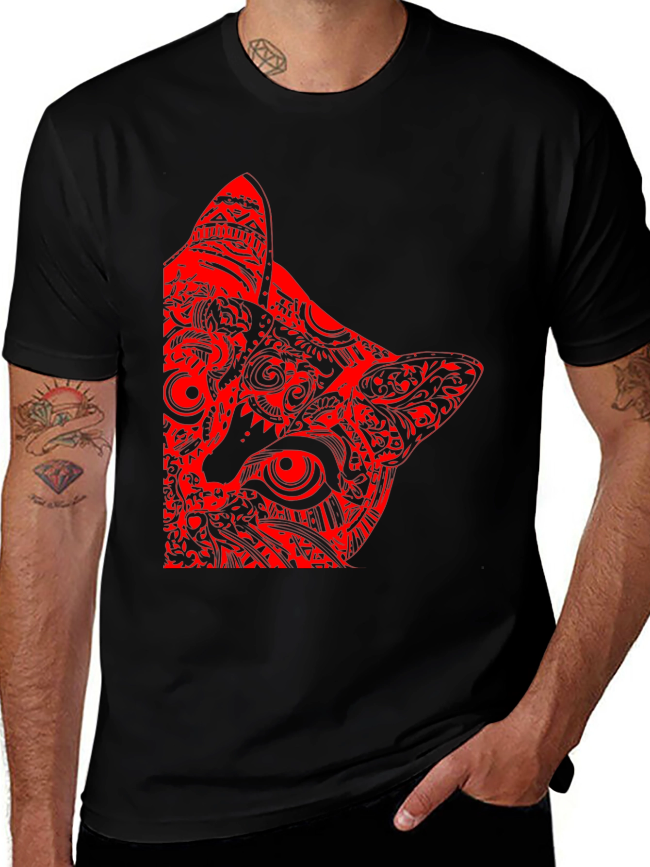 Red Cat Graphic Print Black T-Shirt
