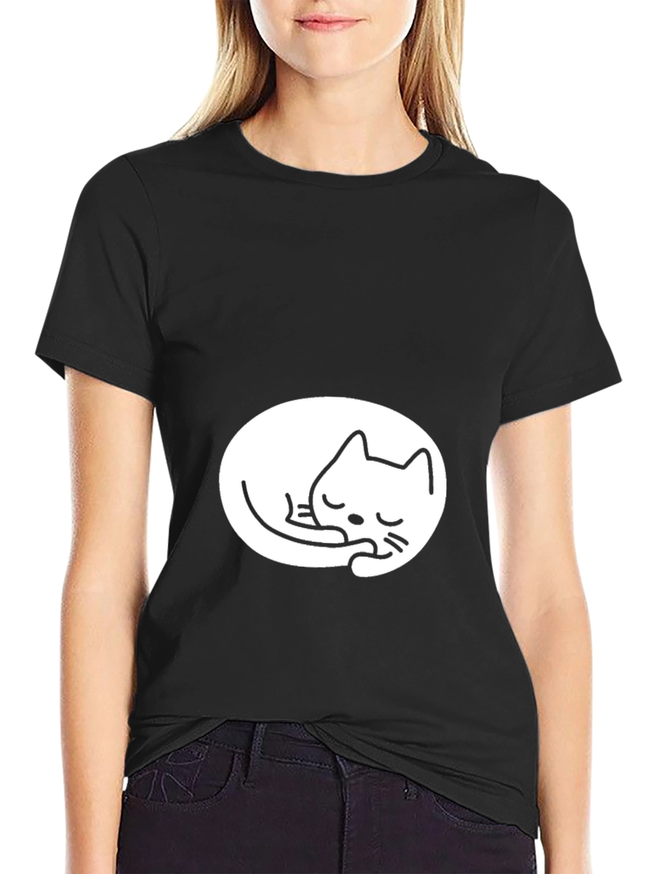Black Tee with Cute Sleeping Cat Design
