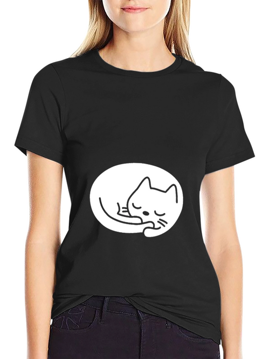 Black Tee with Cute Sleeping Cat Design