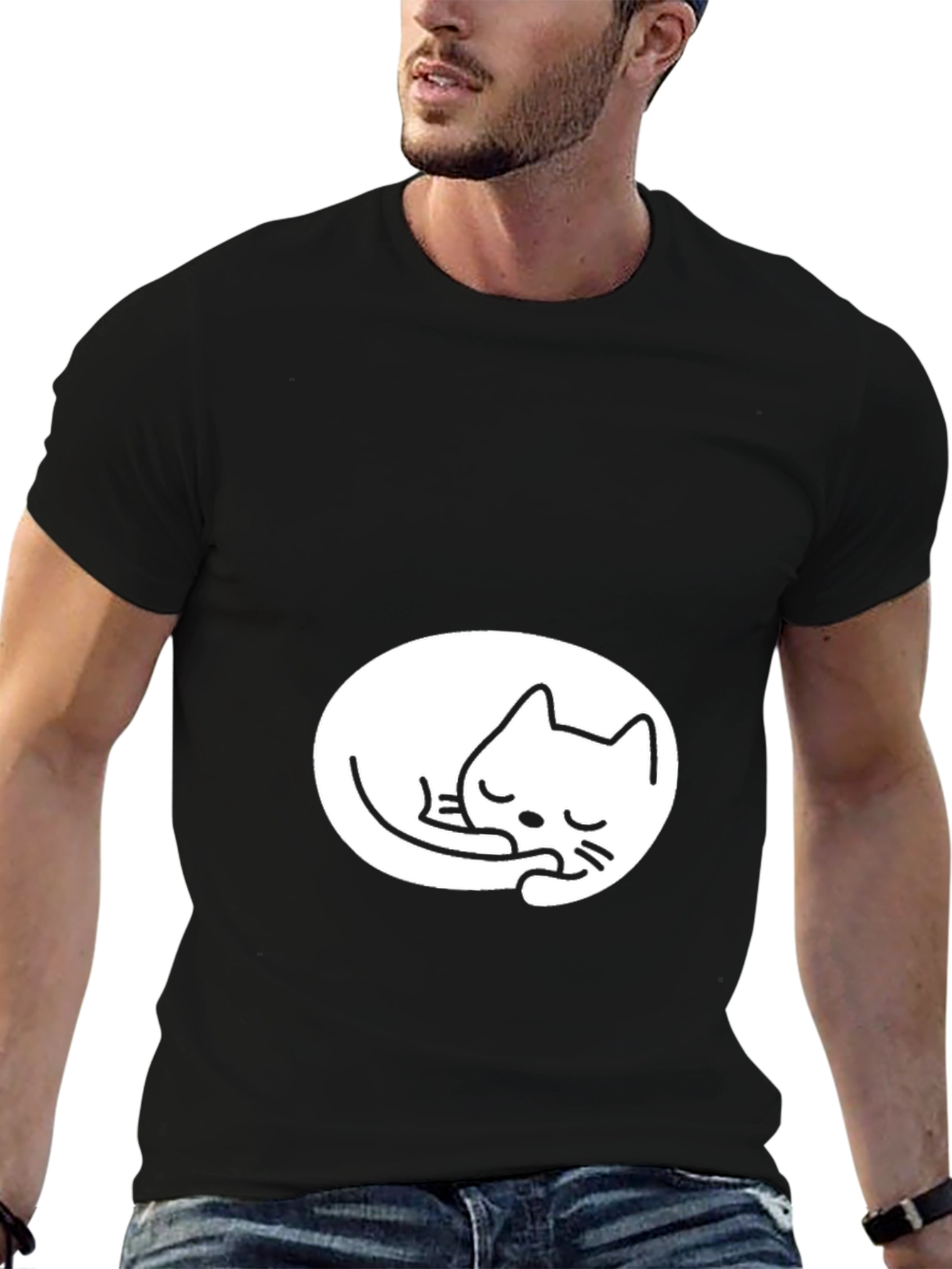 Black Tee with Cute Sleeping Cat Design