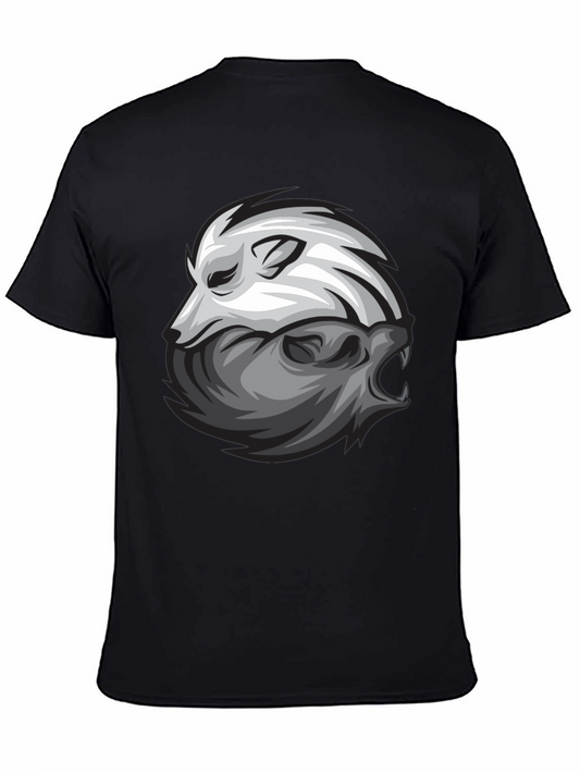Yin Yang Wolf Graphic Print Black T-Shirt