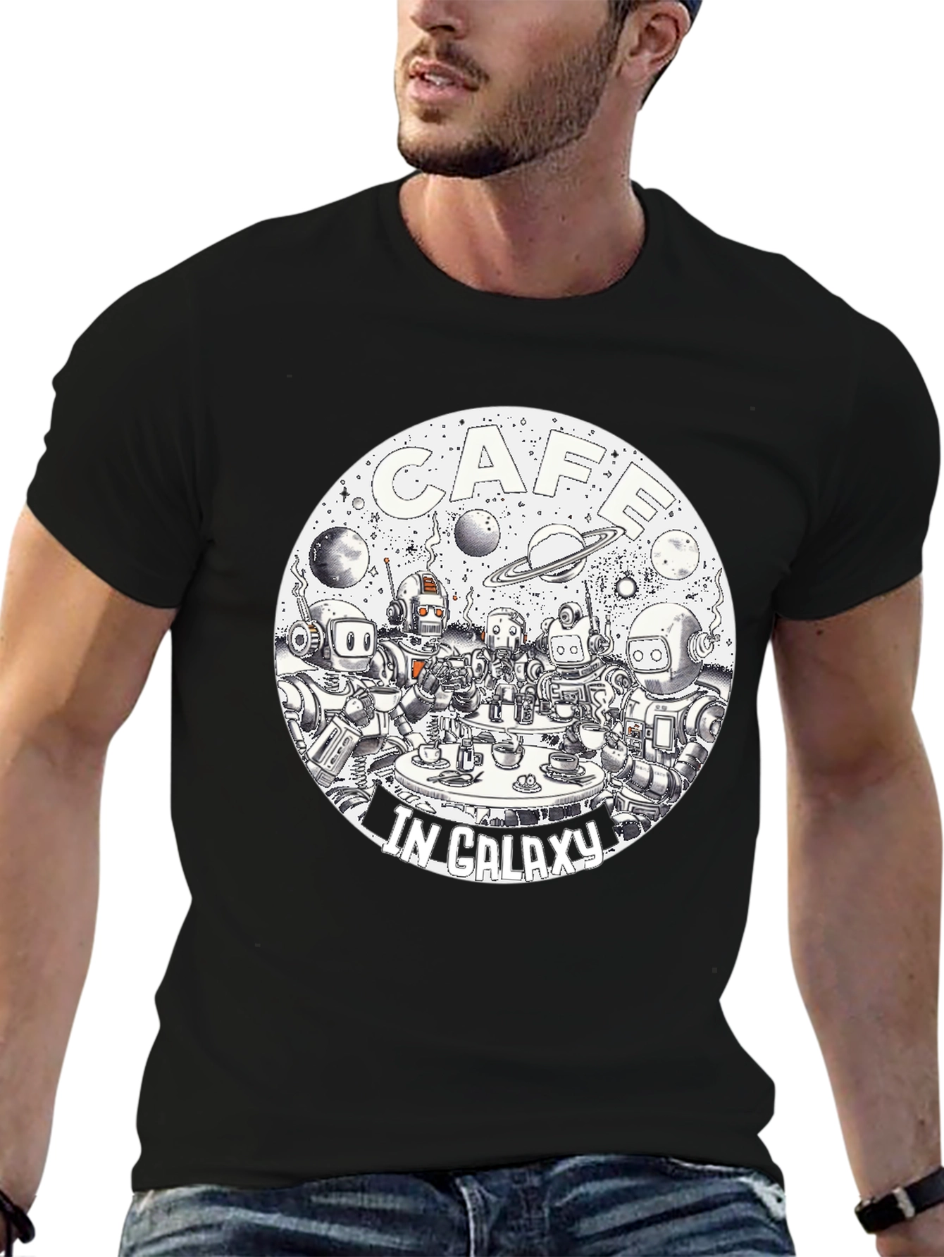 Cafe in Galaxy Black Graphic T-Shirt
