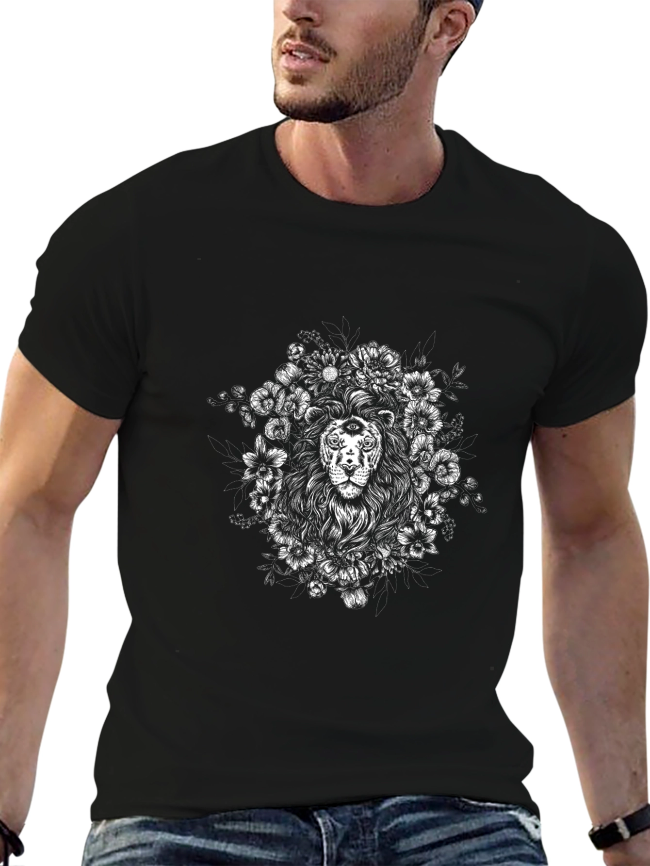 Lion Floral Graphic Tee - Mens Black T-Shirt