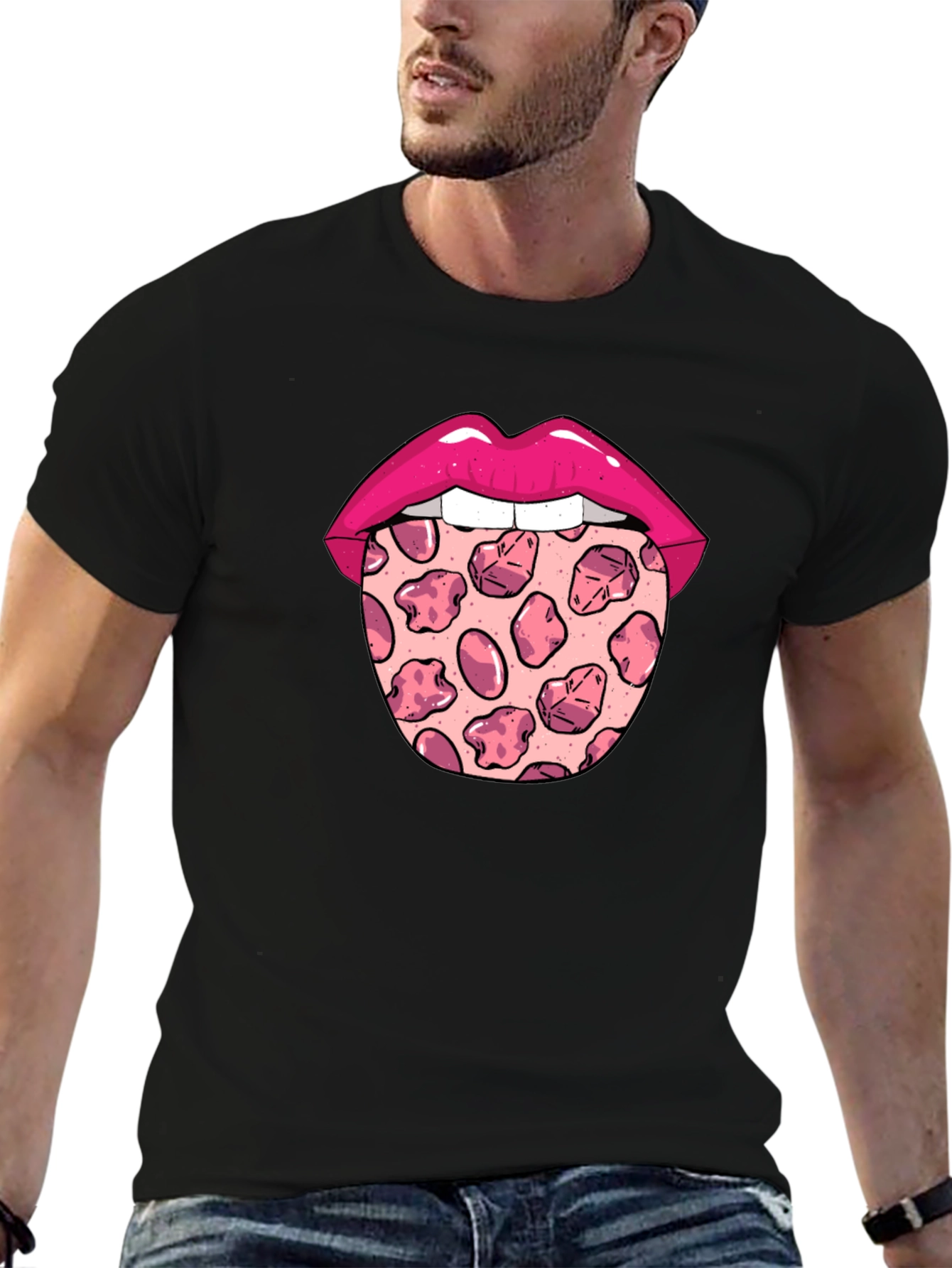 Pizza Tongue Graphic Tee - Black Crew Neck