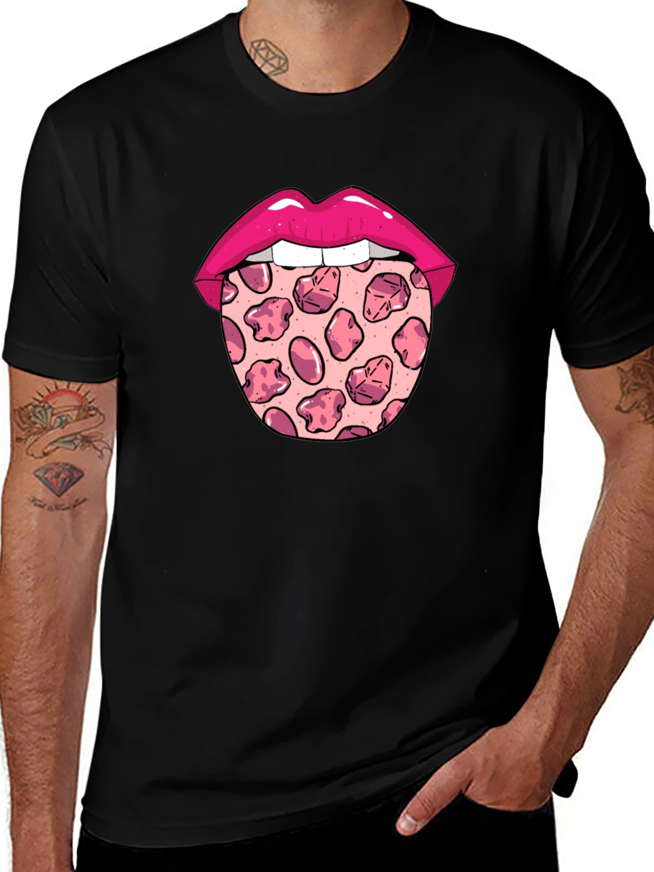 Pizza Tongue Graphic Tee - Black Crew Neck