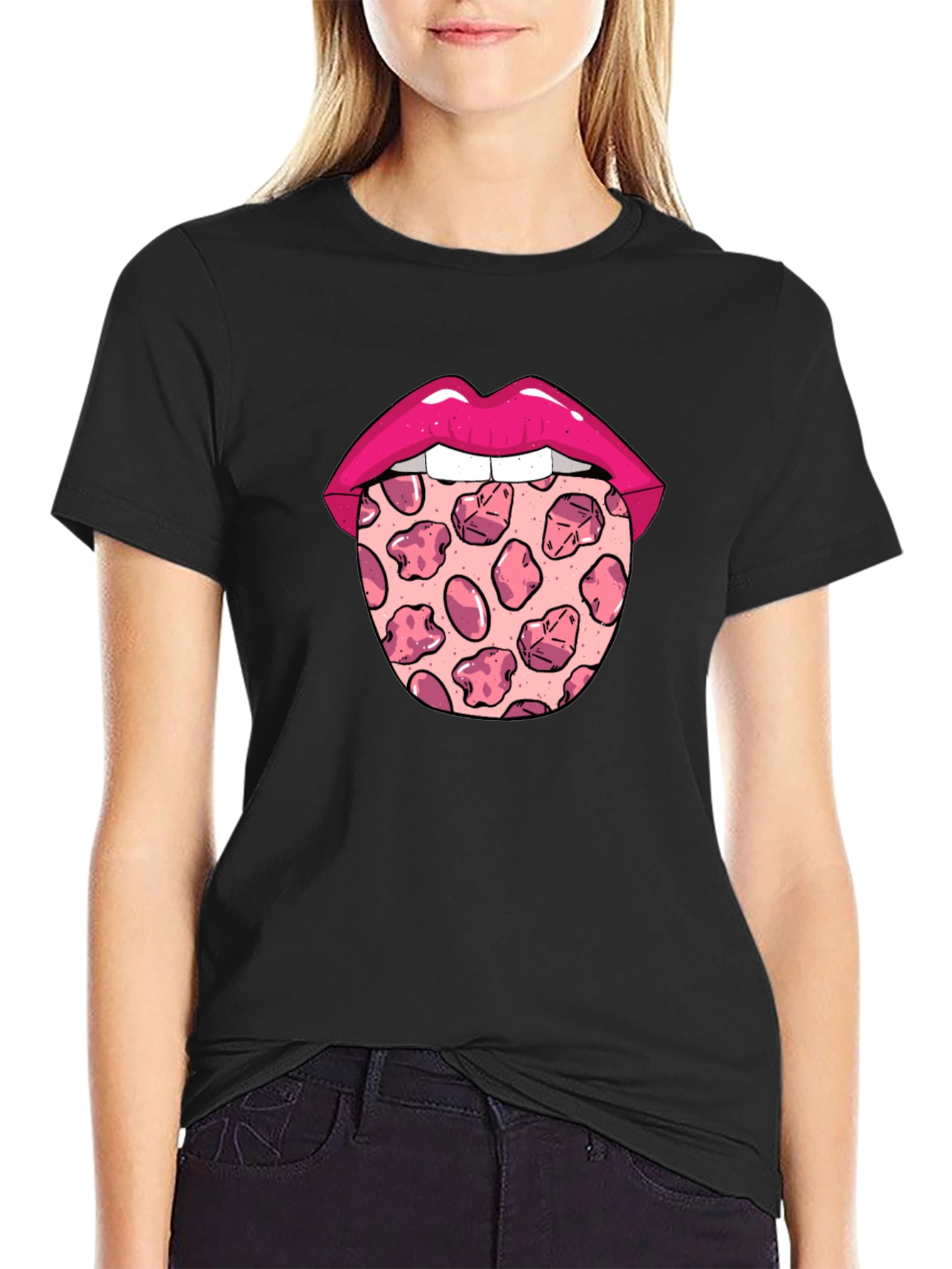 Pizza Tongue Graphic Tee - Black Crew Neck