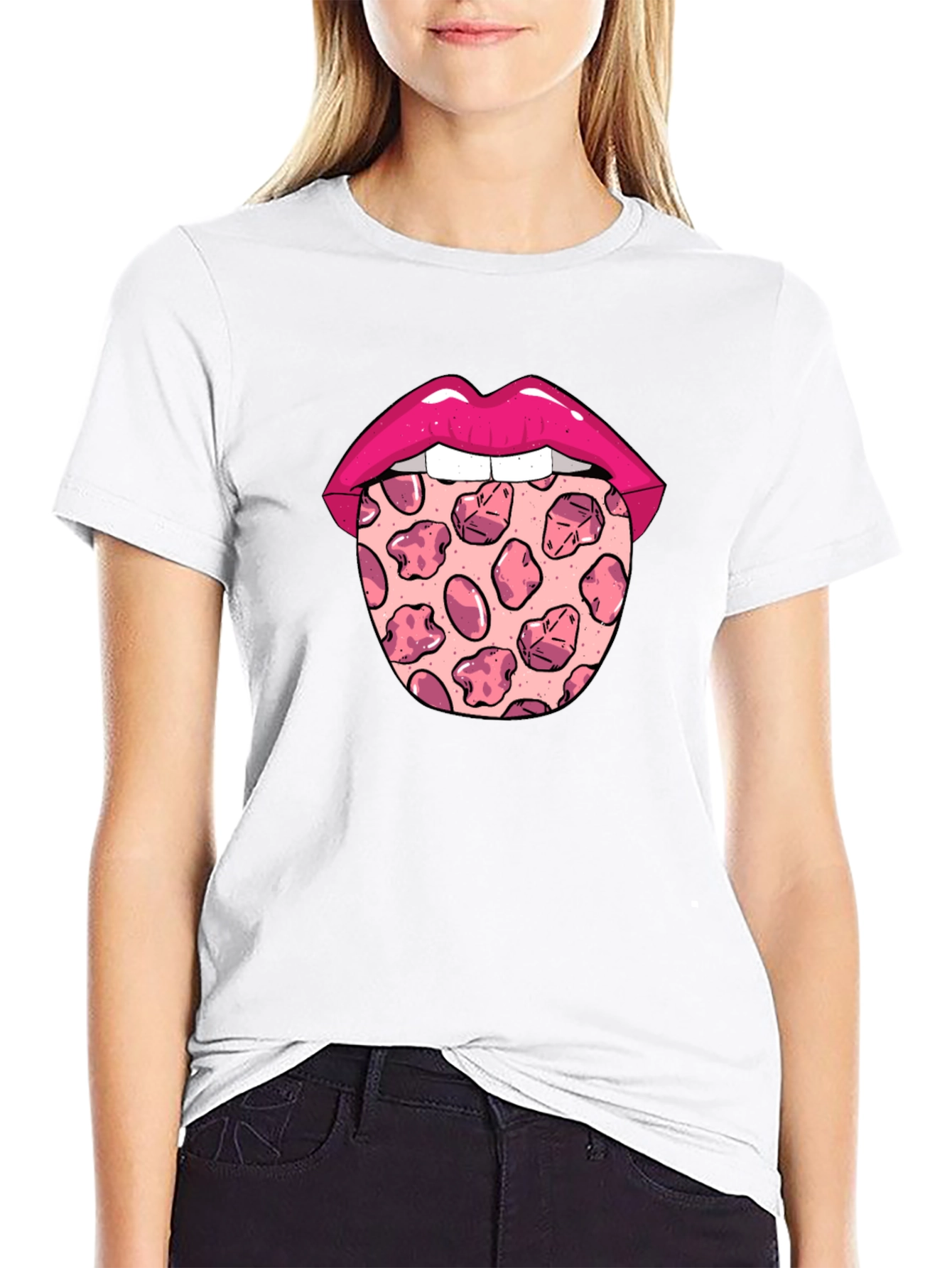 Pizza Tongue Graphic Tee - Black Crew Neck