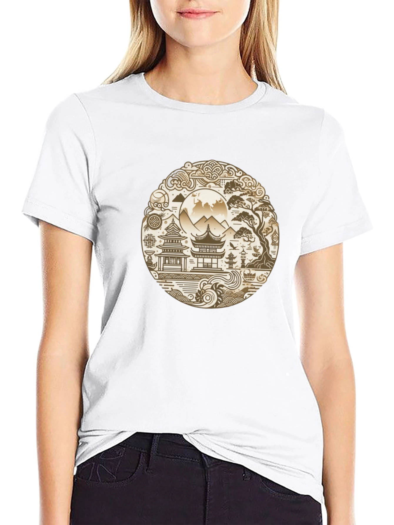 Oriental Landscape Graphic Black Tee