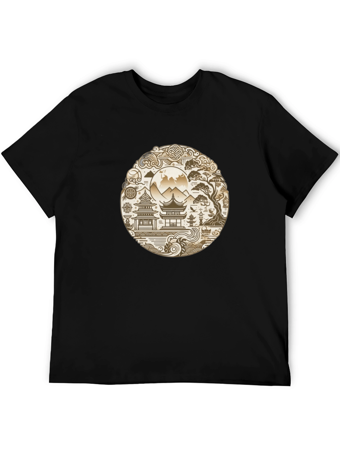 Oriental Landscape Graphic Black Tee