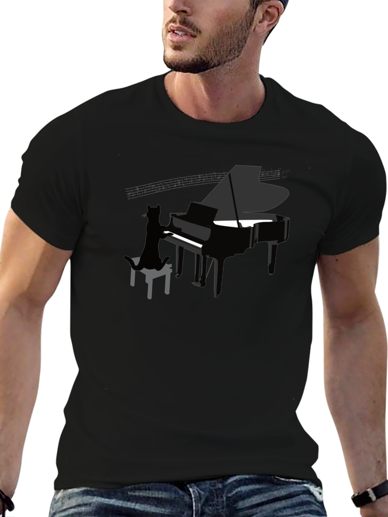 Cat Playing Piano T-Shirt - Novelty Music Tee