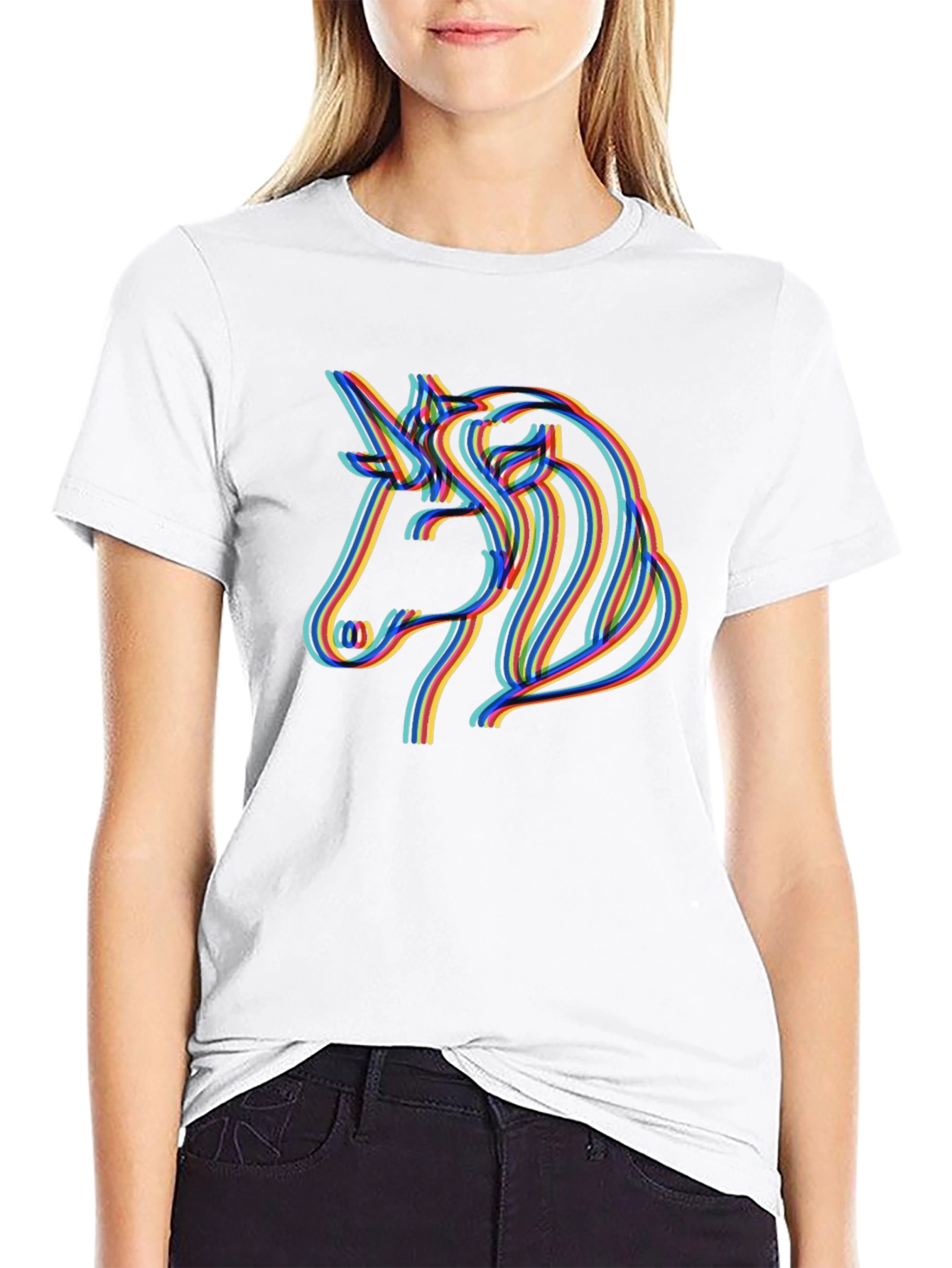 Unicorn Rainbow Line Art Black T-Shirt