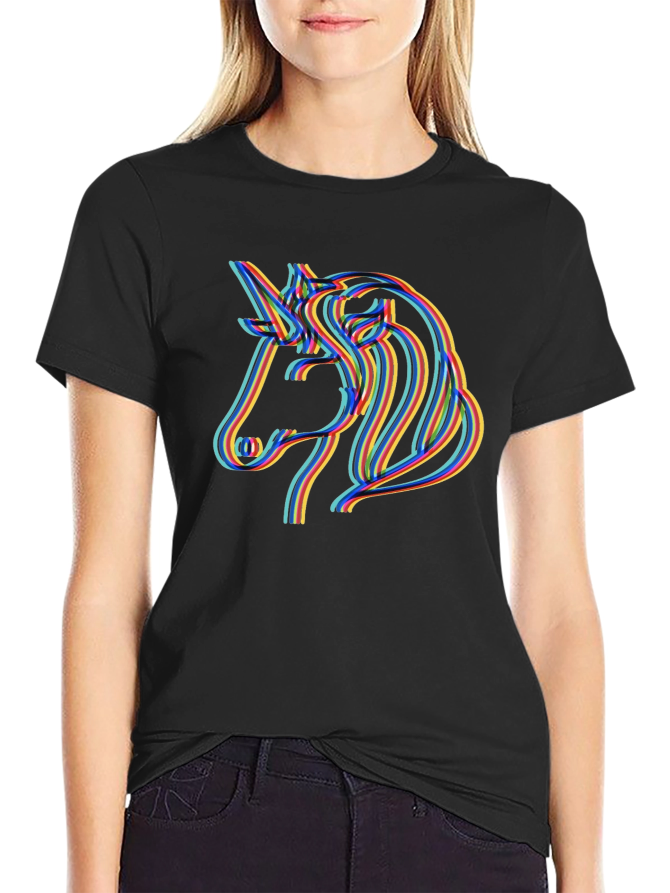 Unicorn Rainbow Line Art Black T-Shirt