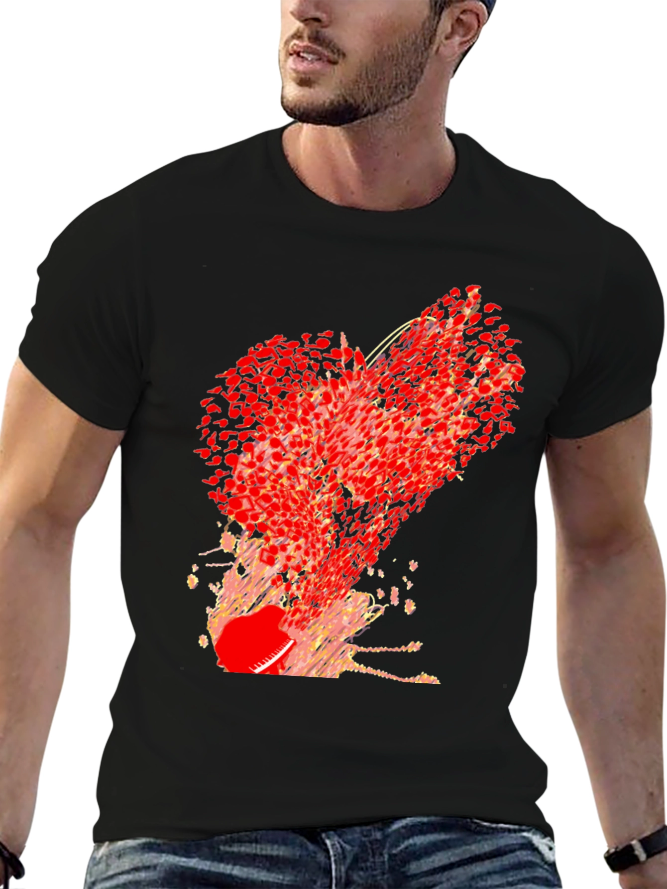 Abstract Red Heart Graphic Print Black T-Shirt