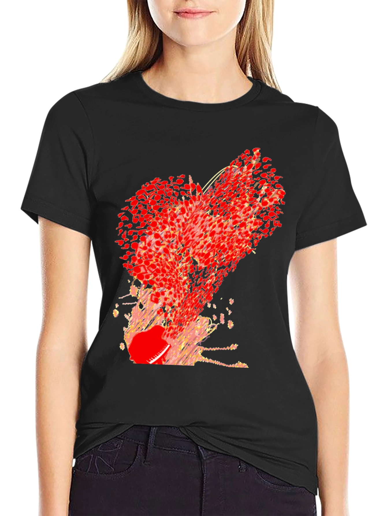 Abstract Red Heart Graphic Print Black T-Shirt