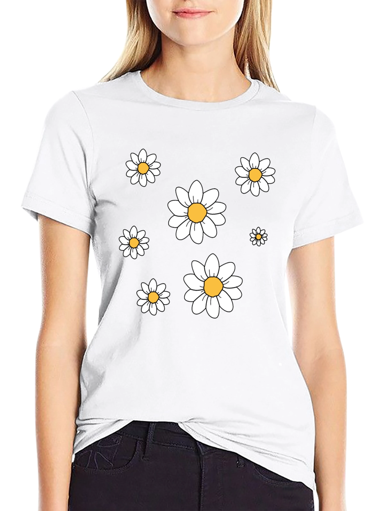 Daisy Print Crew Neck T-Shirt - Casual Comfort