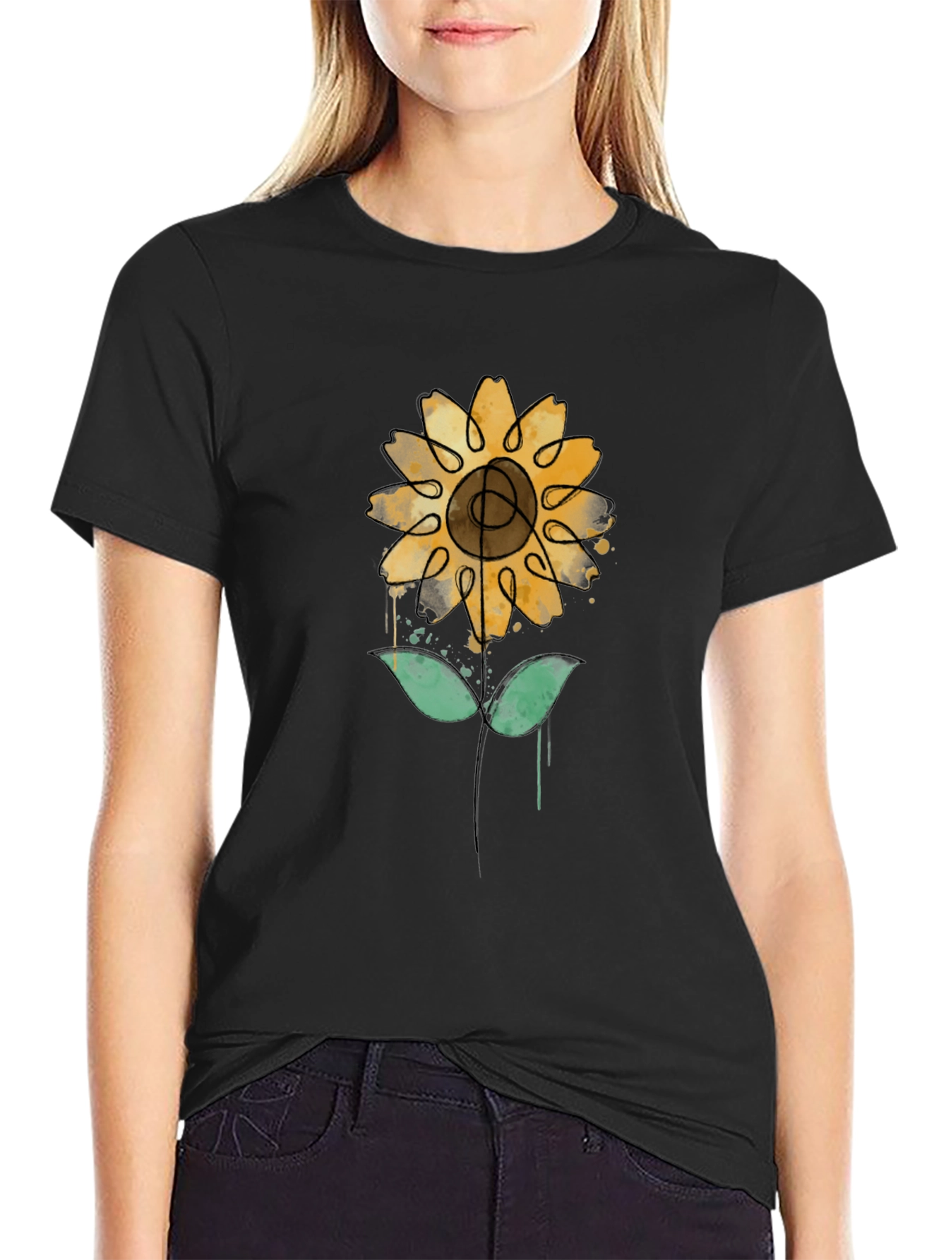 Sunflower Art Print Black Tee