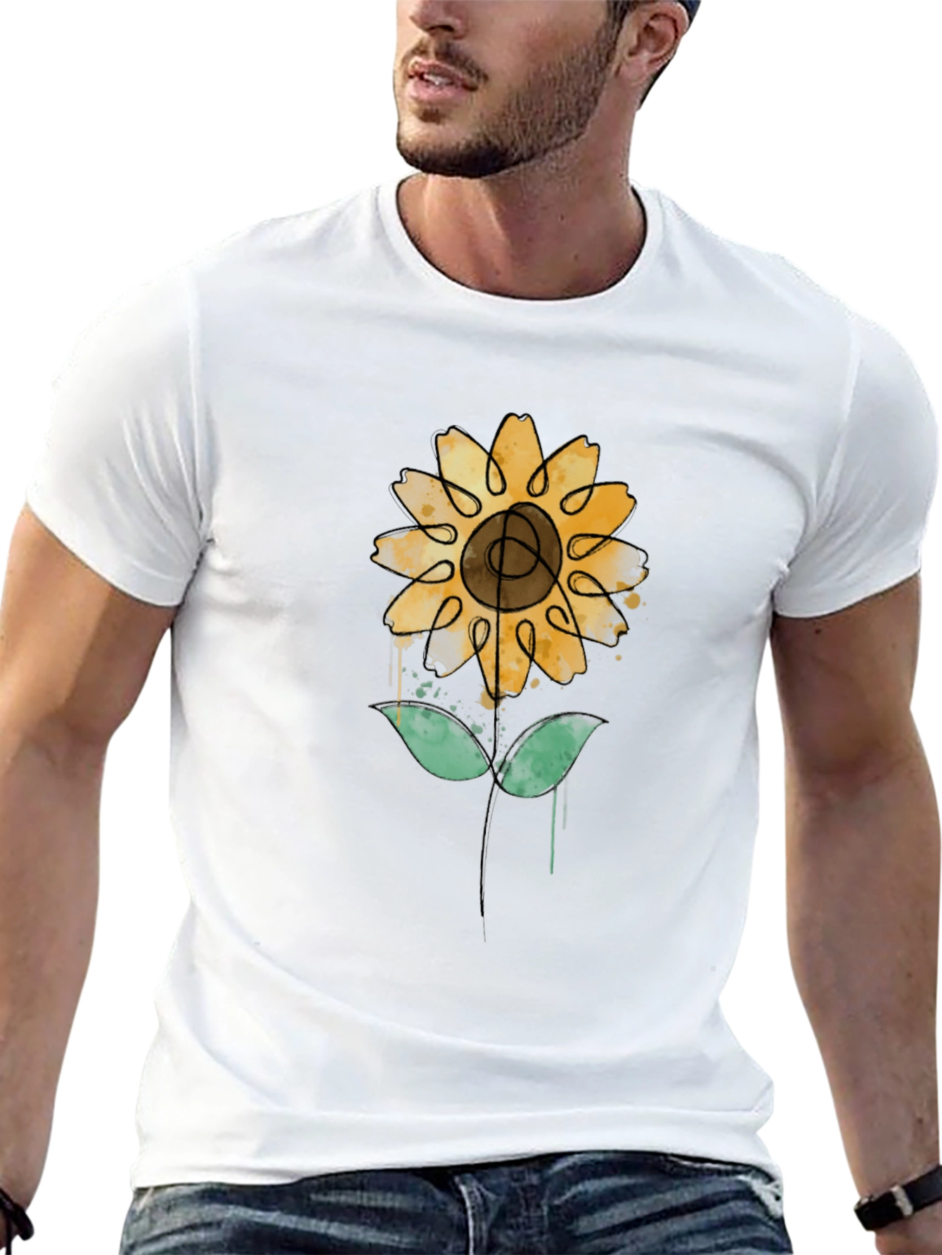 Sunflower Art Print Black Tee