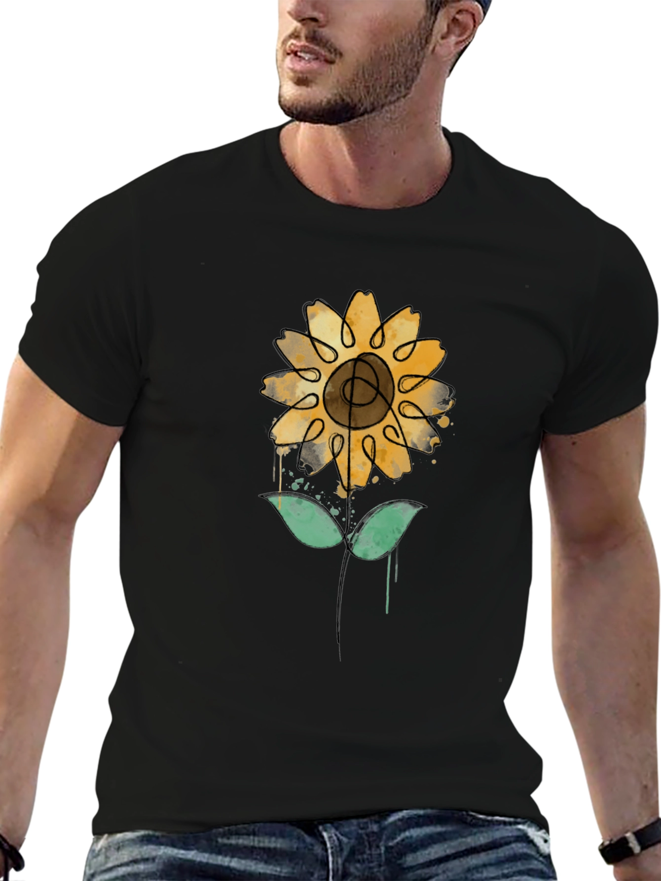 Sunflower Art Print Black Tee