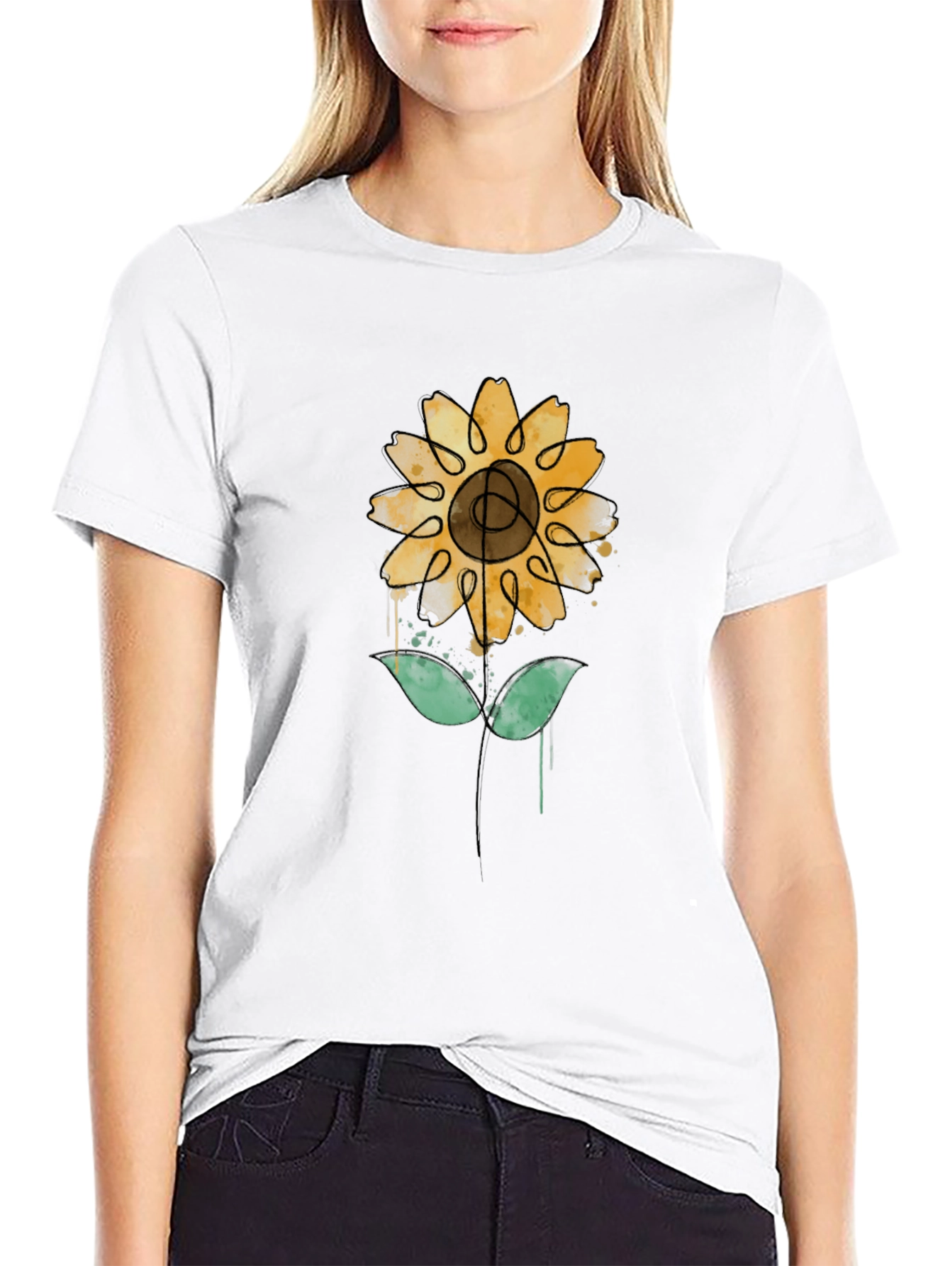 Sunflower Art Print Black Tee