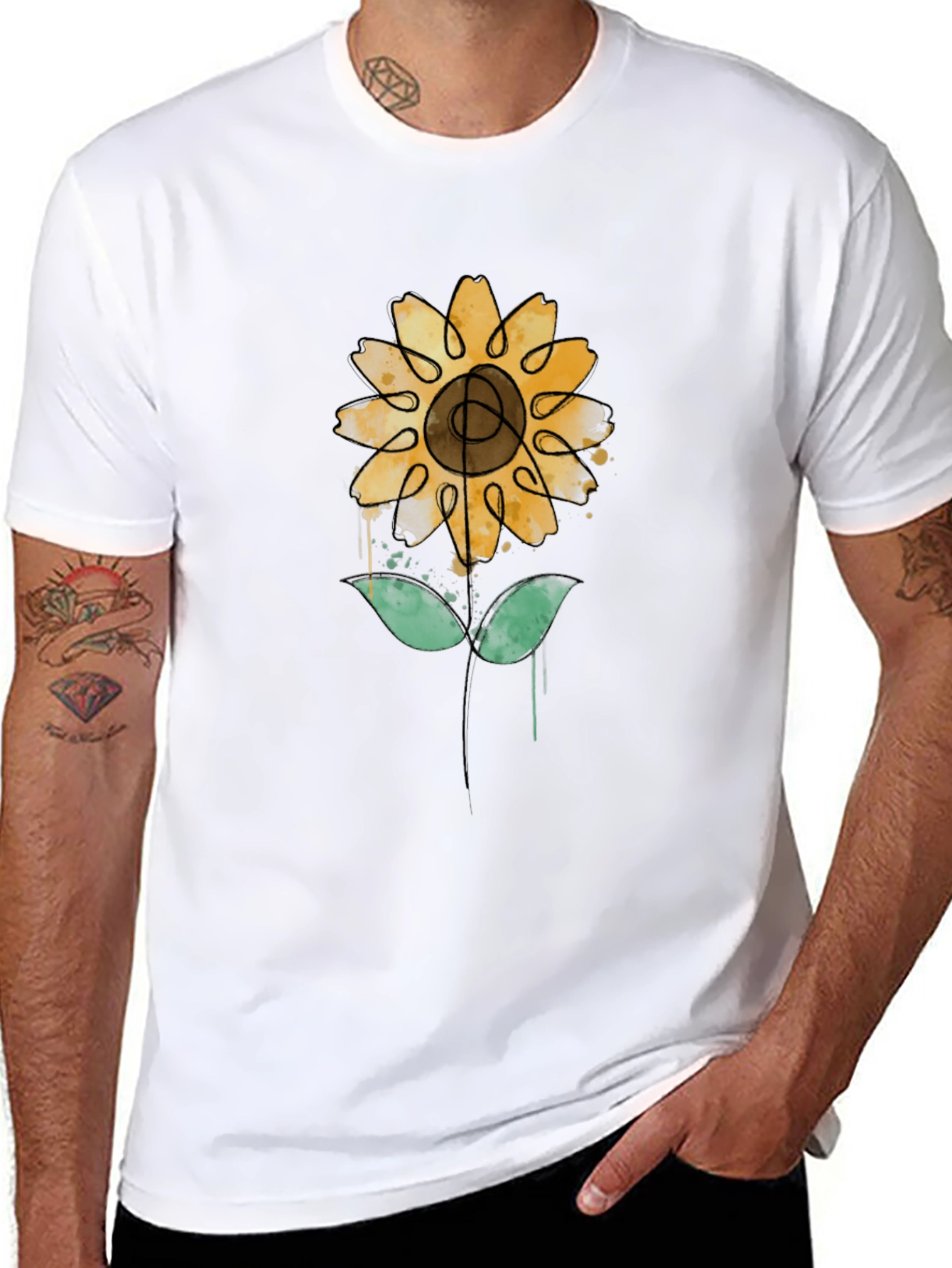 Sunflower Art Print Black Tee