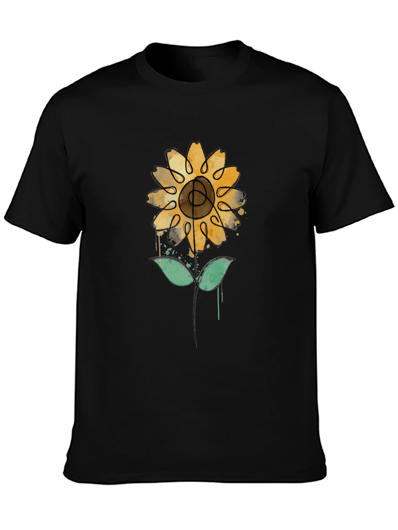 Sunflower Art Print Black Tee