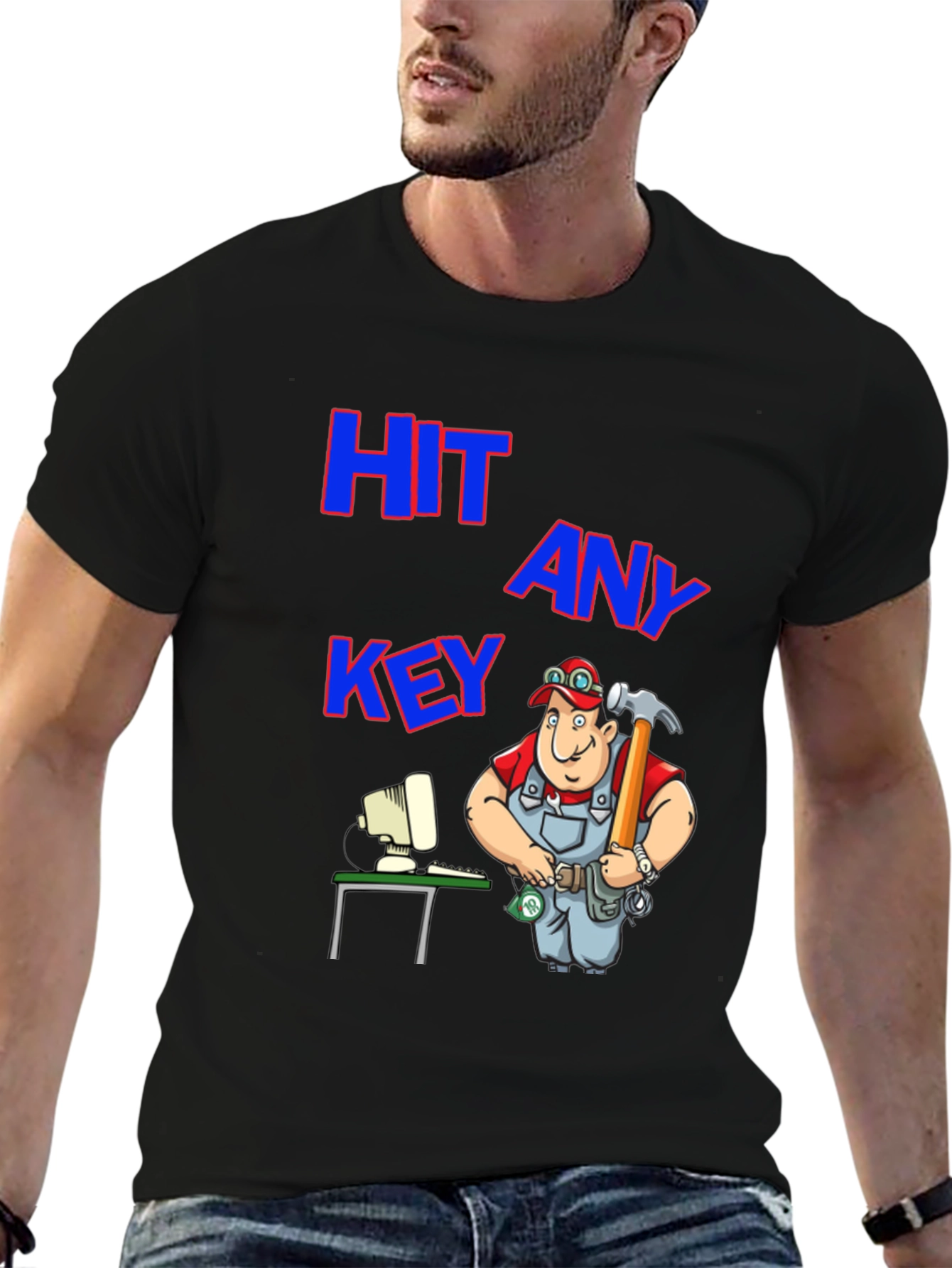 Hit Any Key T-Shirt: Funny Computer Repairman Tee