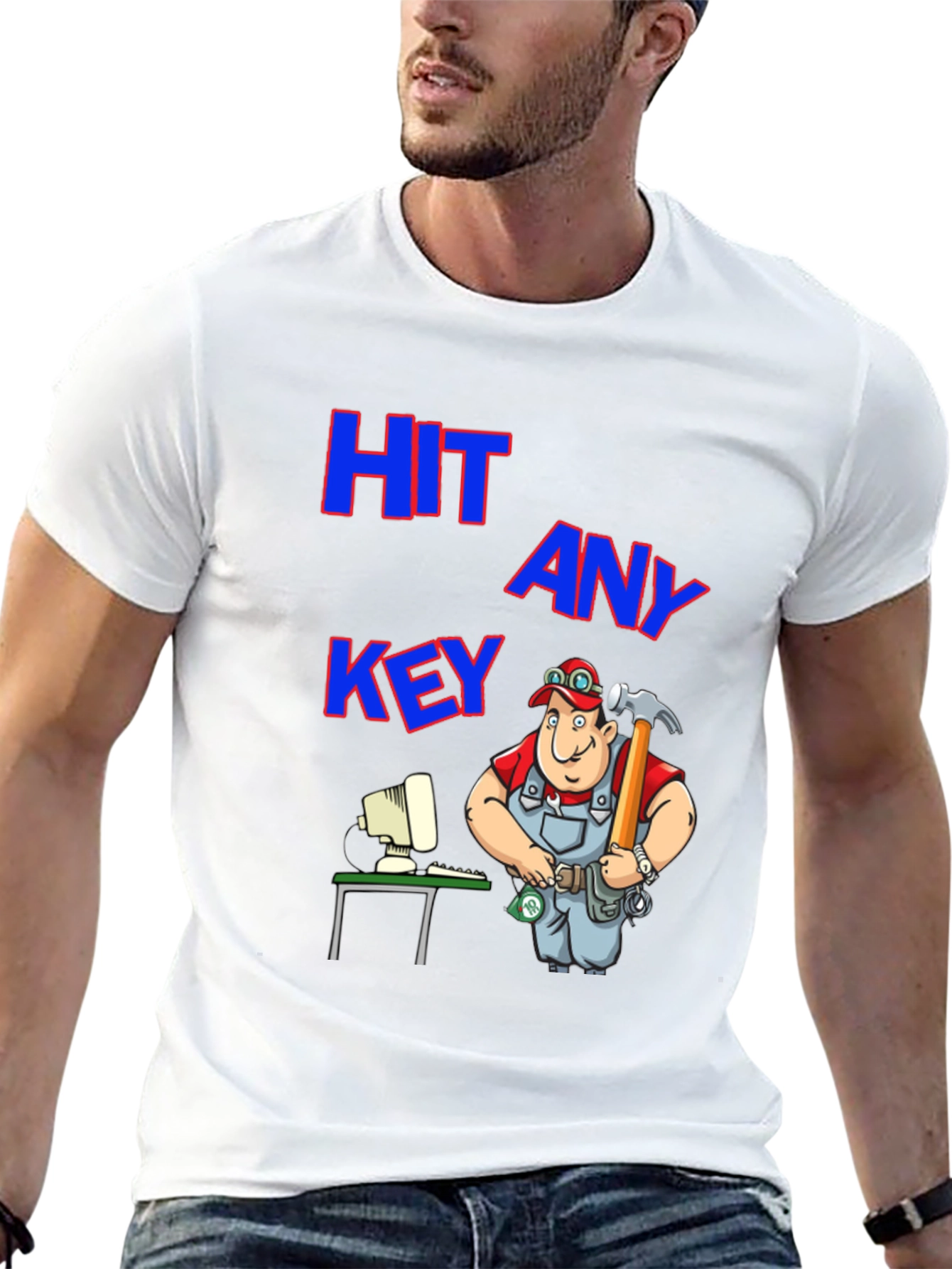 Hit Any Key T-Shirt: Funny Computer Repairman Tee