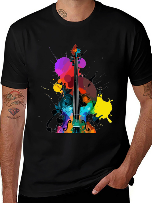 Vibrant Watercolor Cello Graphic Tee - Black