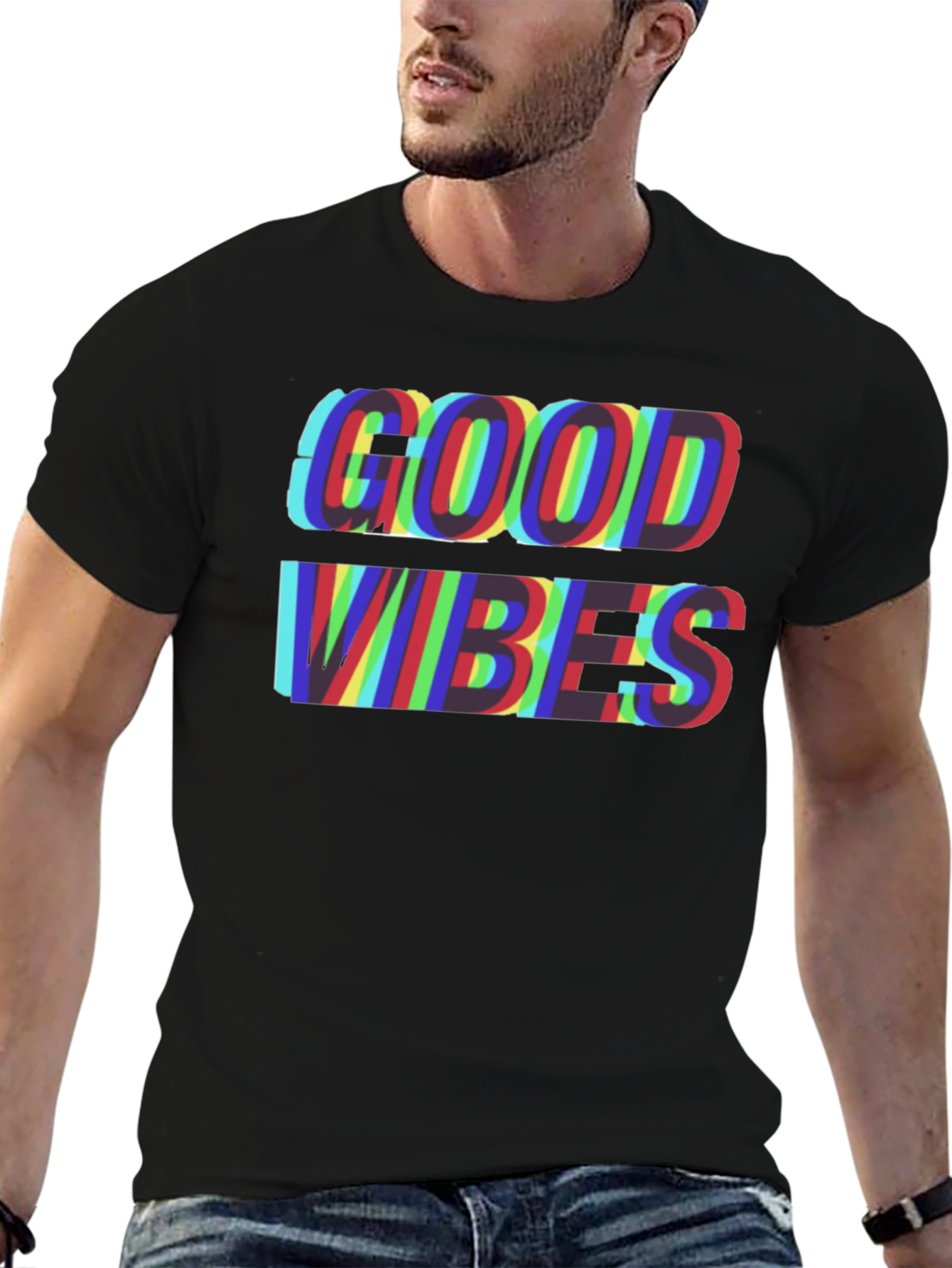 Good Vibes Glitch Tee - Stylish Mens Black T-Shirt