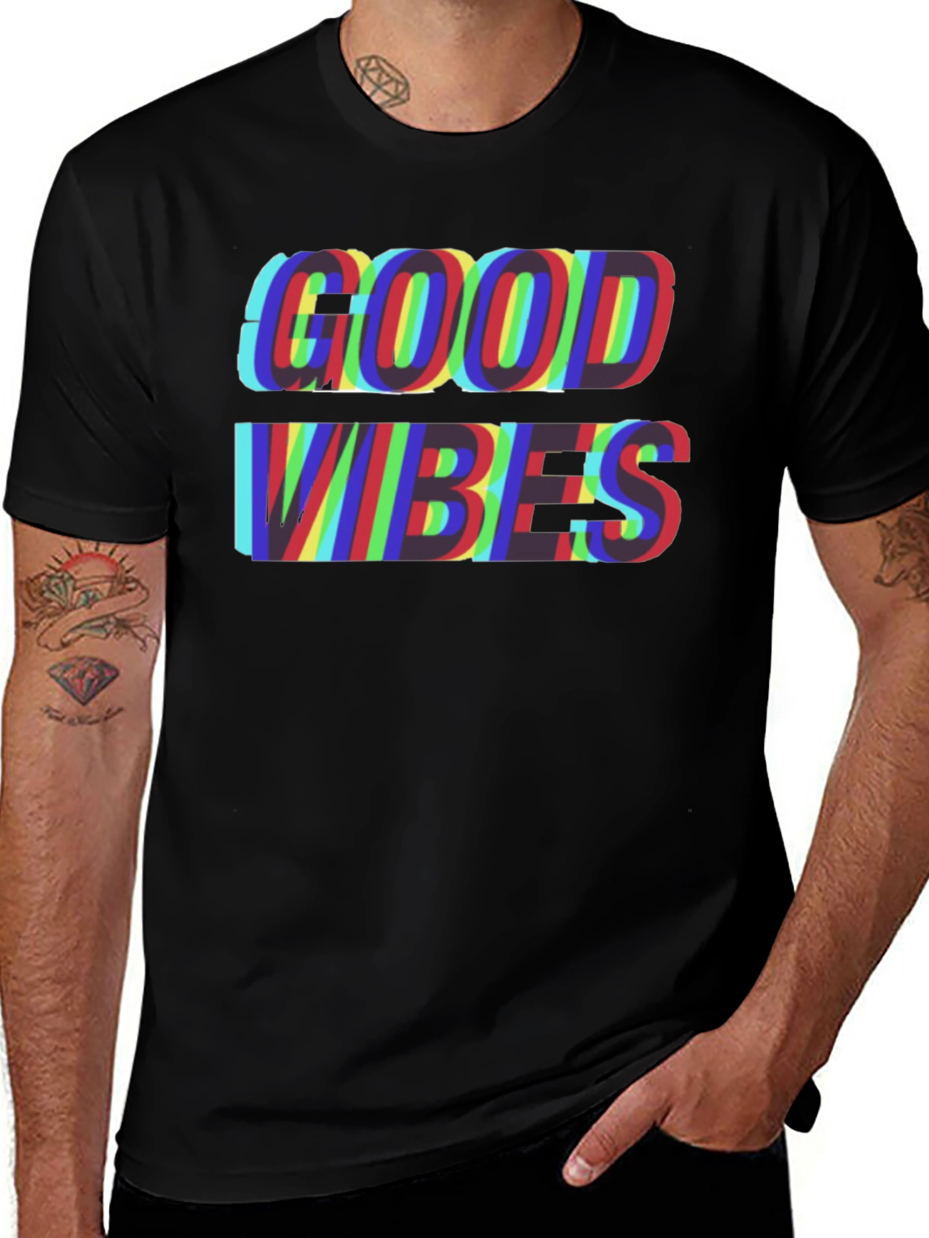 Good Vibes Glitch Tee - Stylish Mens Black T-Shirt