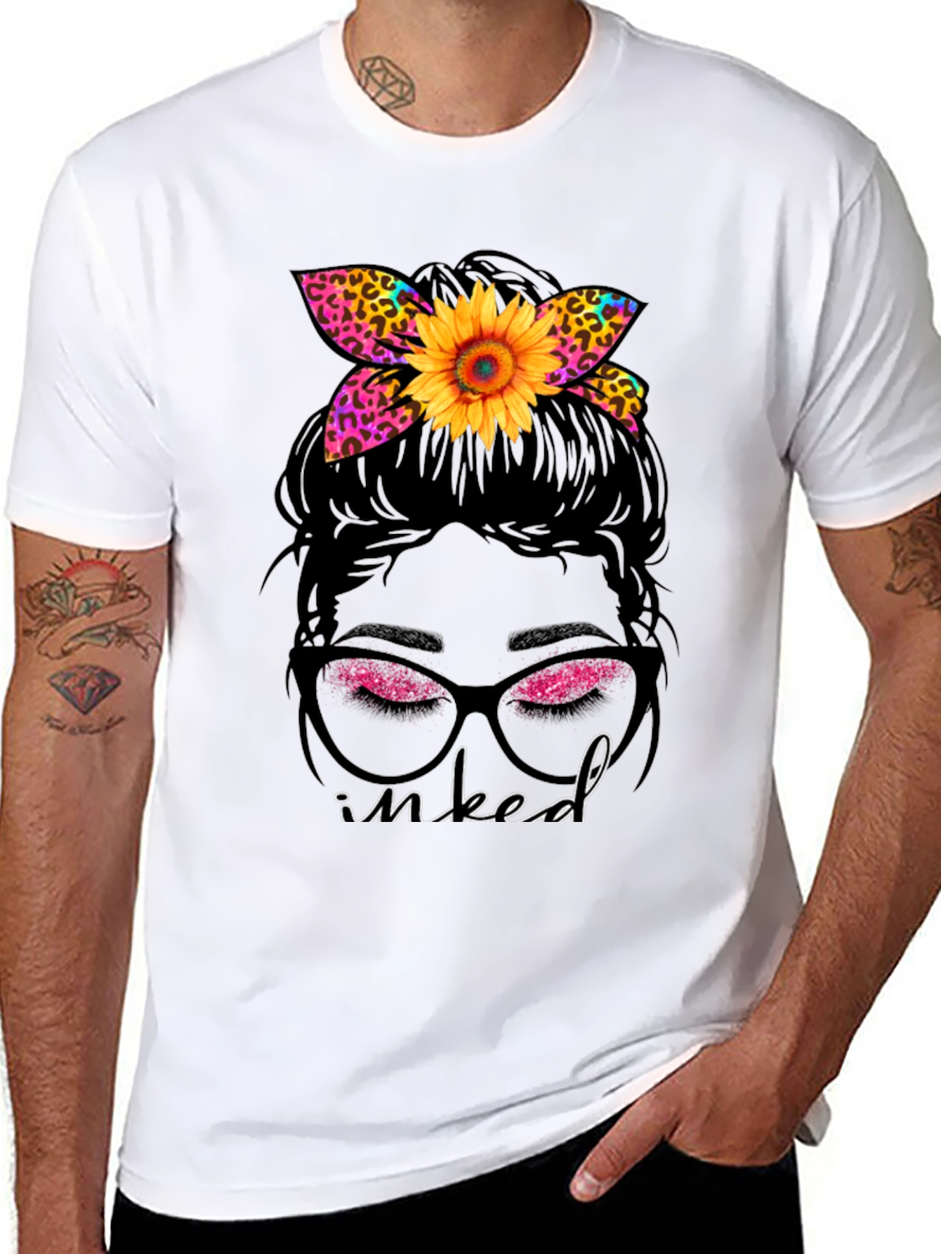 Inked Messy Bun Sunflower Leopard Print Tee