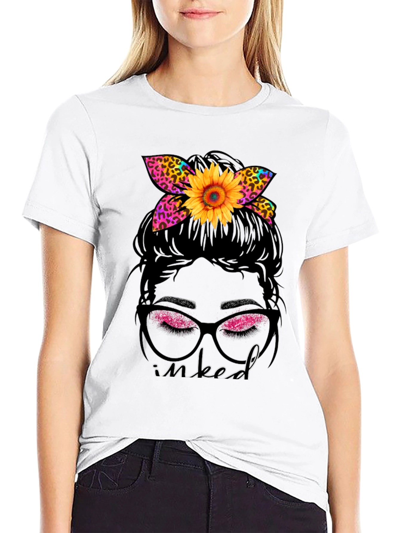 Inked Messy Bun Sunflower Leopard Print Tee