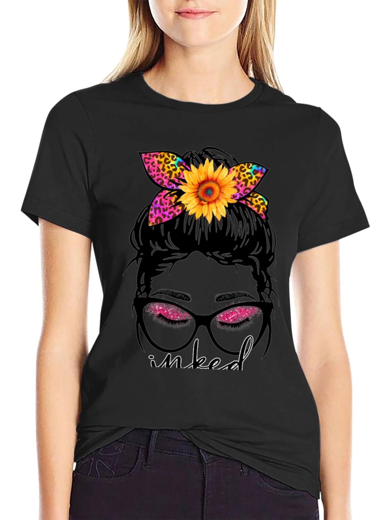 Inked Messy Bun Sunflower Leopard Print Tee