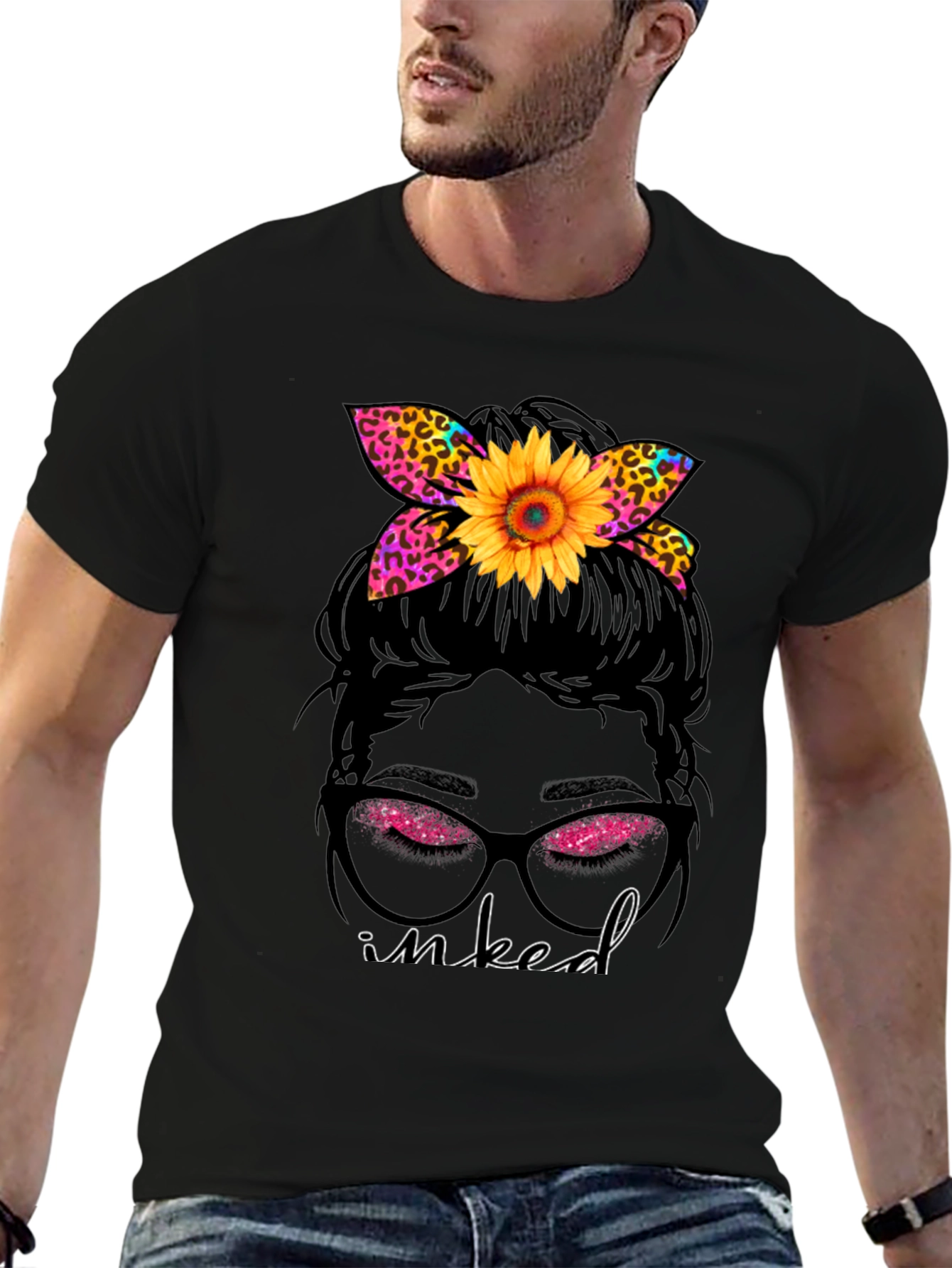 Inked Messy Bun Sunflower Leopard Print Tee