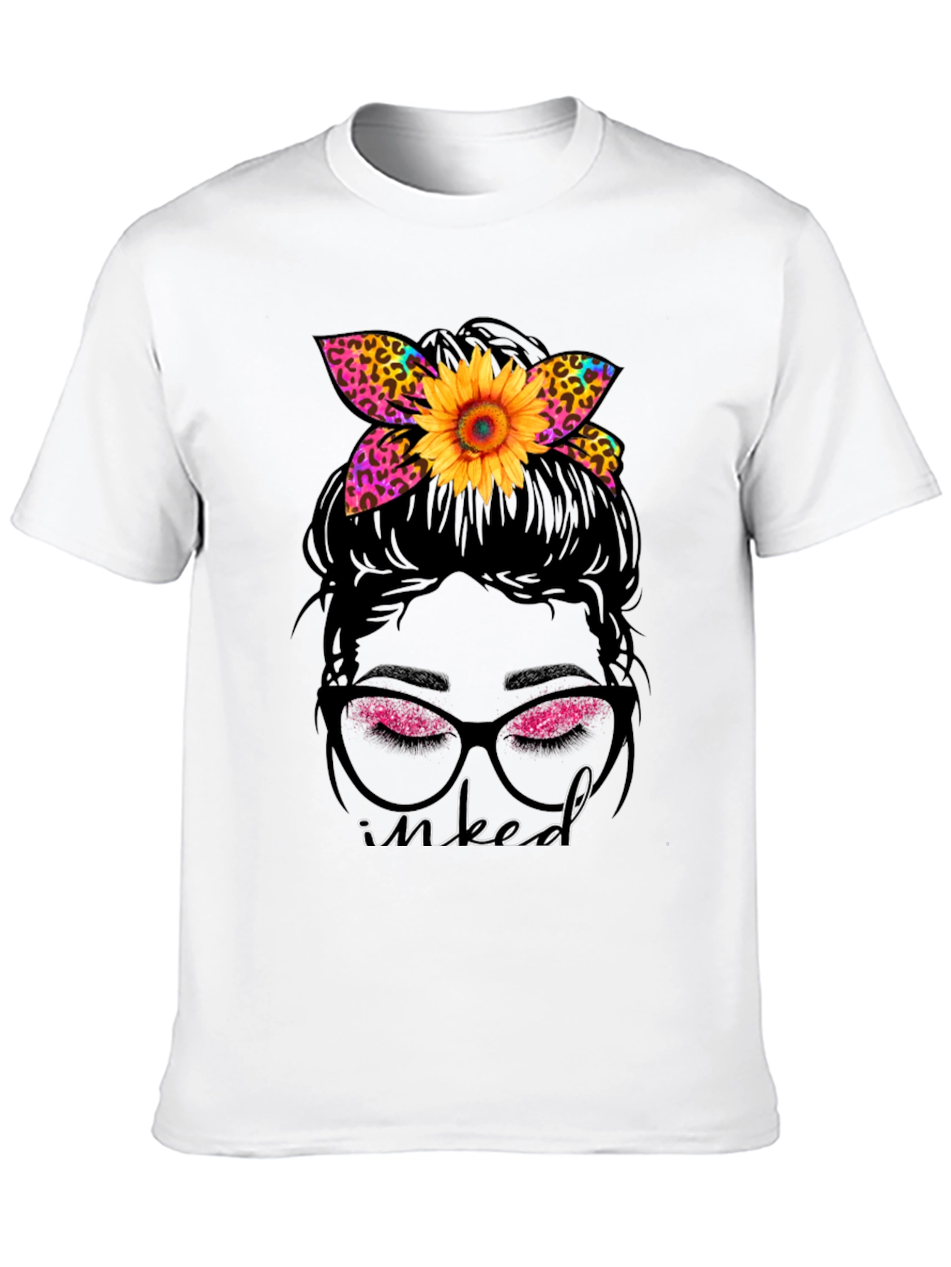 Inked Messy Bun Sunflower Leopard Print Tee