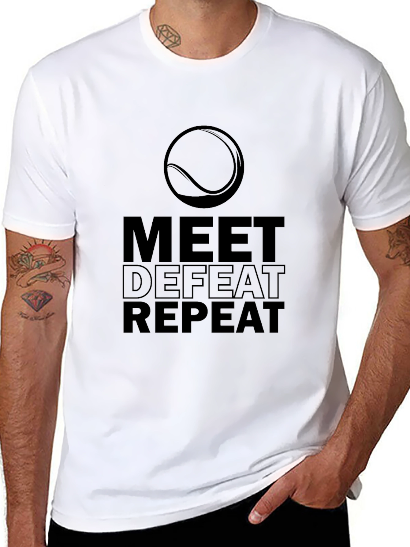 Meet Defeat Repeat Tennis Graphic T-Shirt