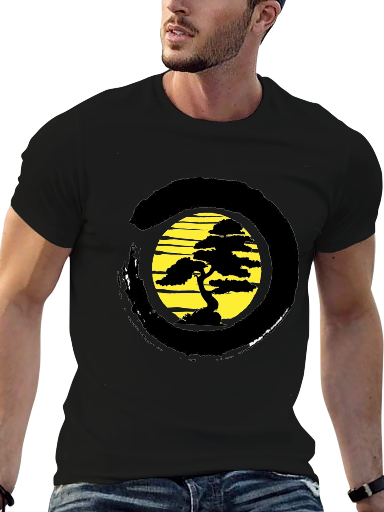 Bonsai Tree Black T-Shirt - Zen Circle Design