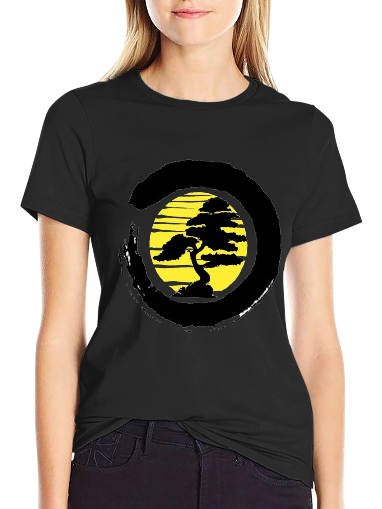 Bonsai Tree Black T-Shirt - Zen Circle Design