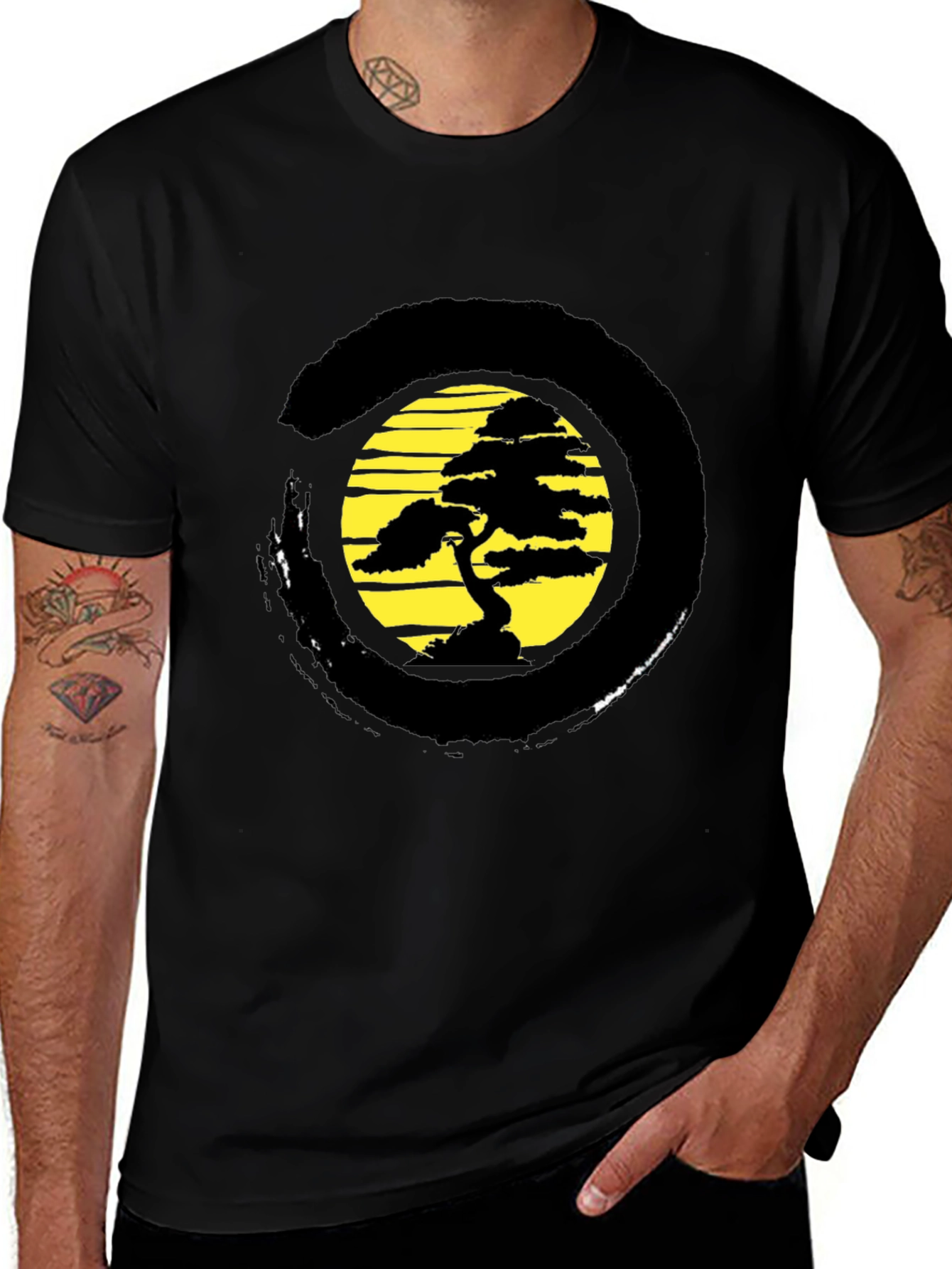 Bonsai Tree Black T-Shirt - Zen Circle Design