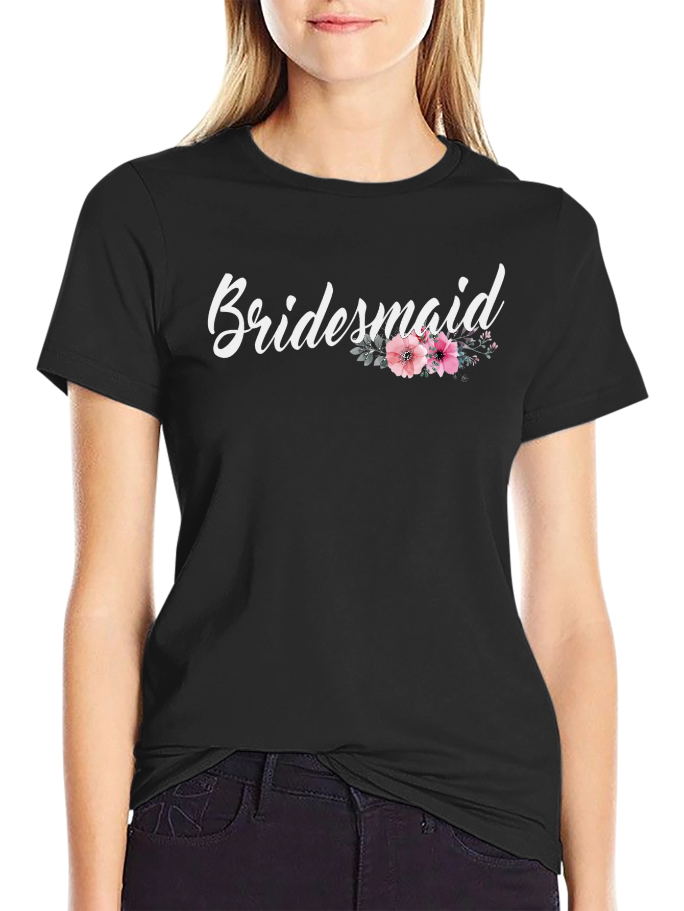 Bridesmaid Floral Graphic T-Shirt - Black