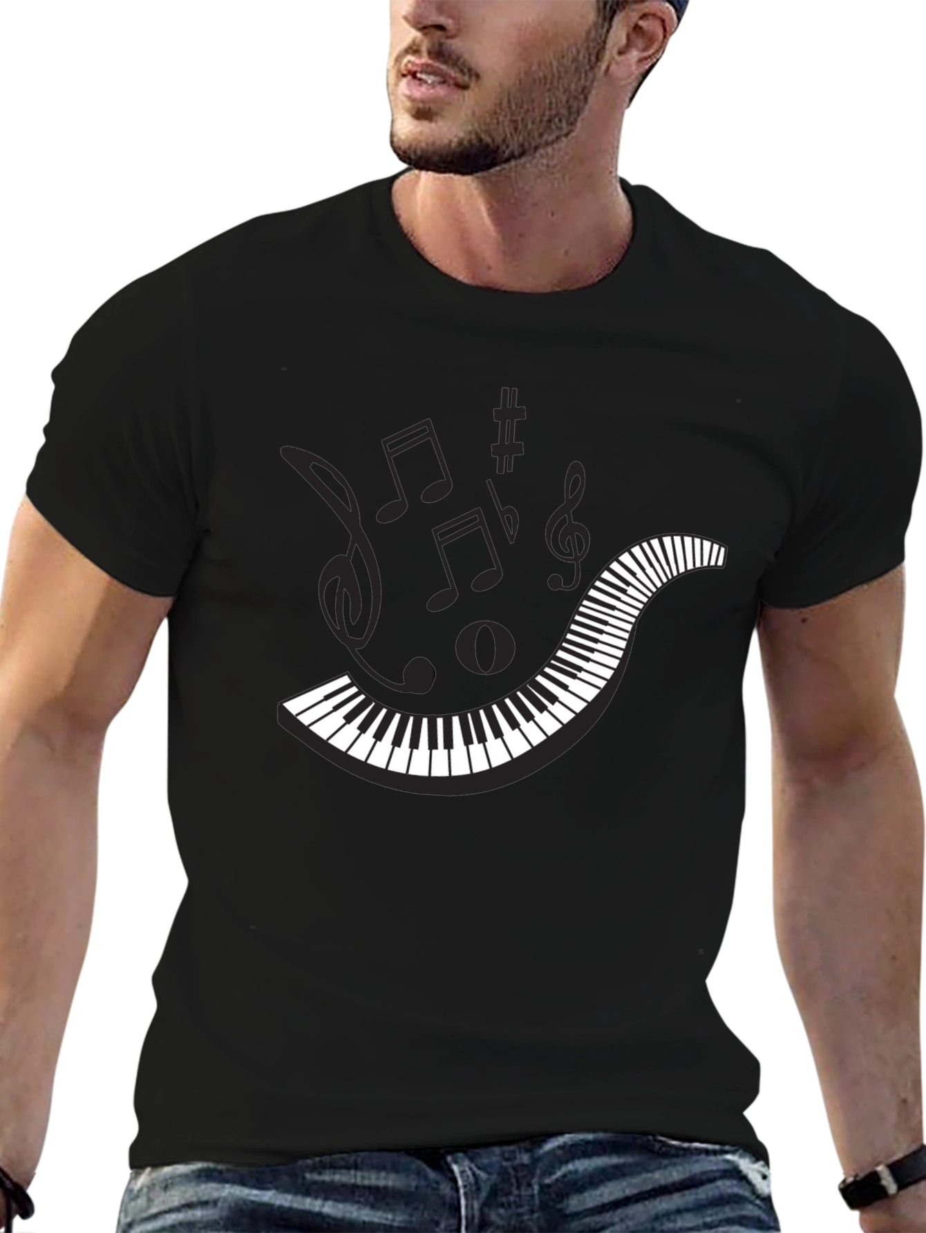 Musical Piano Keys Mens Black Graphic T-Shirt