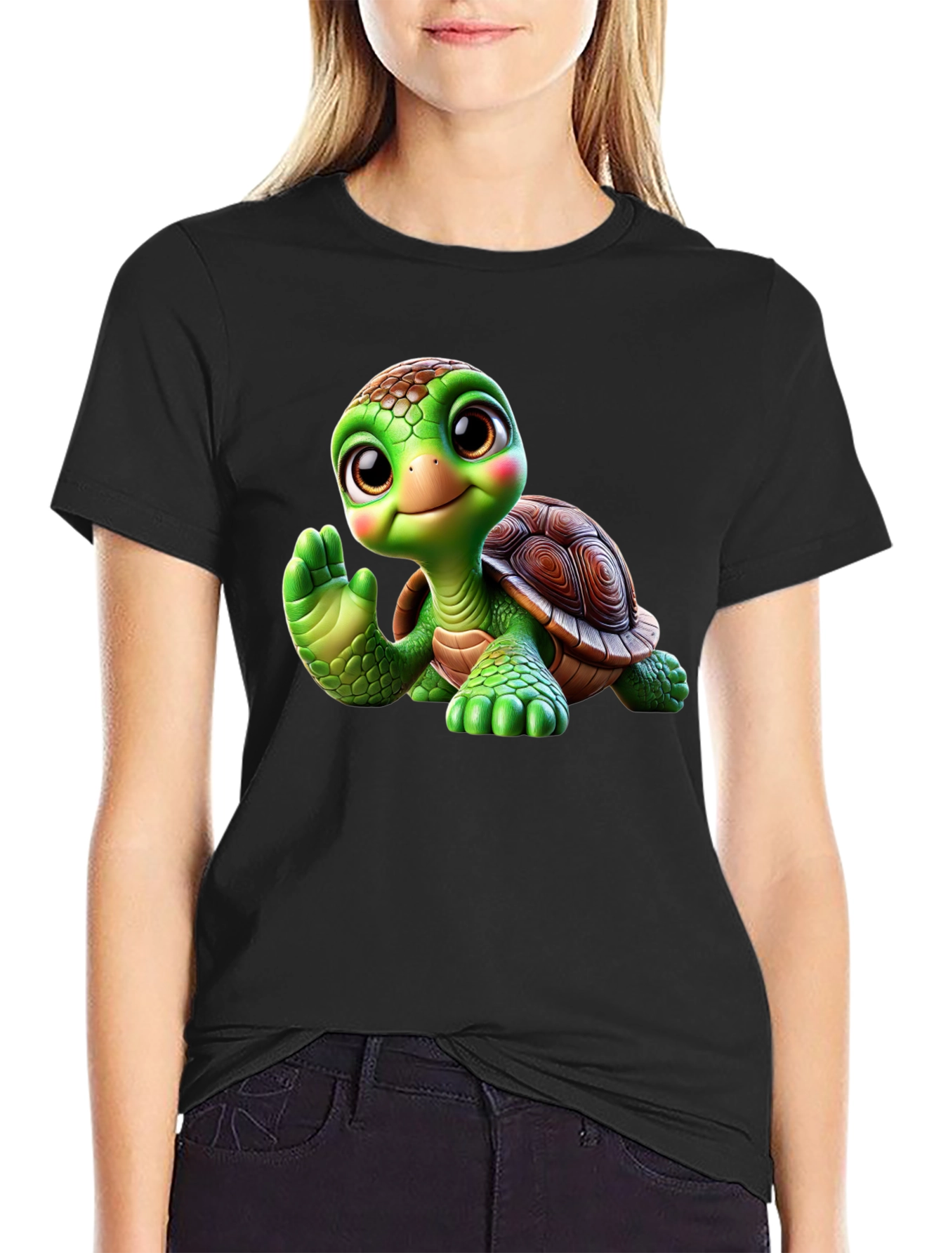 Cute Turtle Graphic Tee - Black